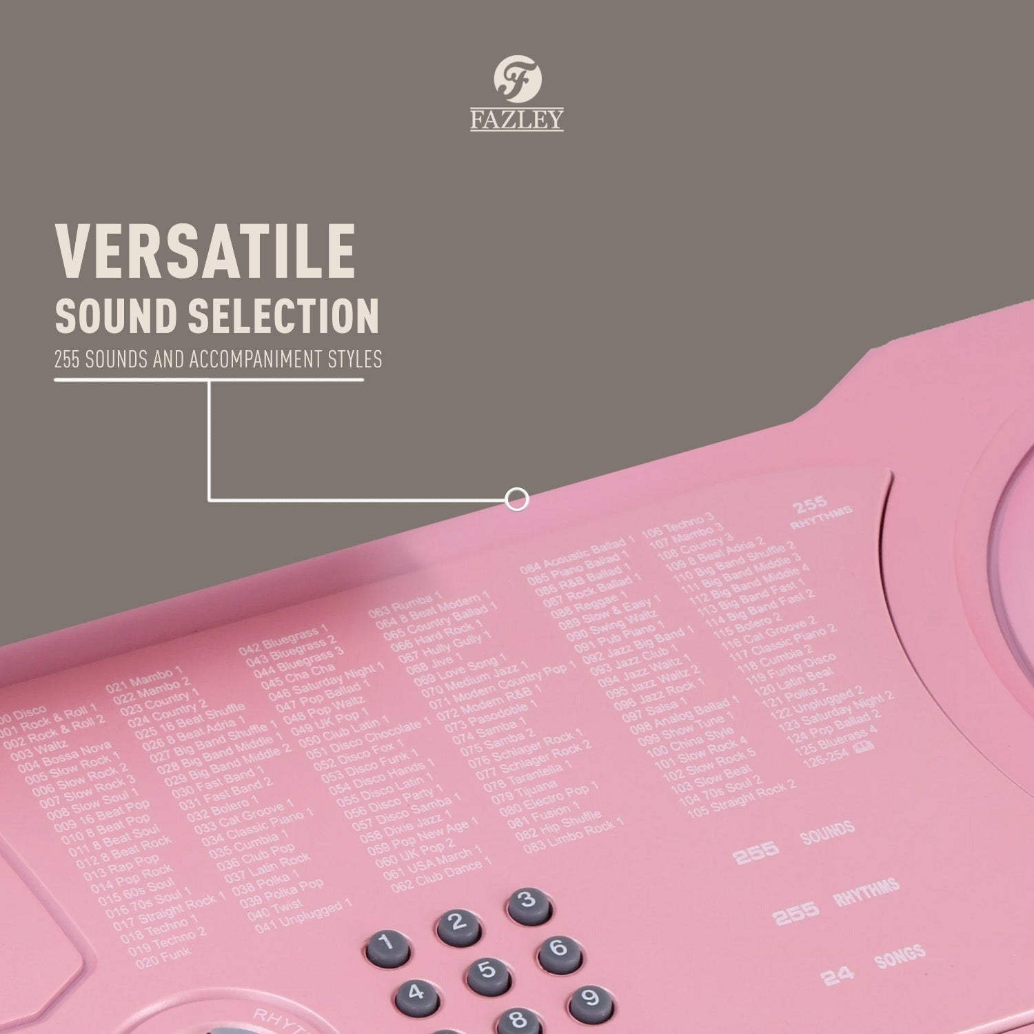 Een roze Fazley keyboard met lied- en ritmelijsten en knoppen.