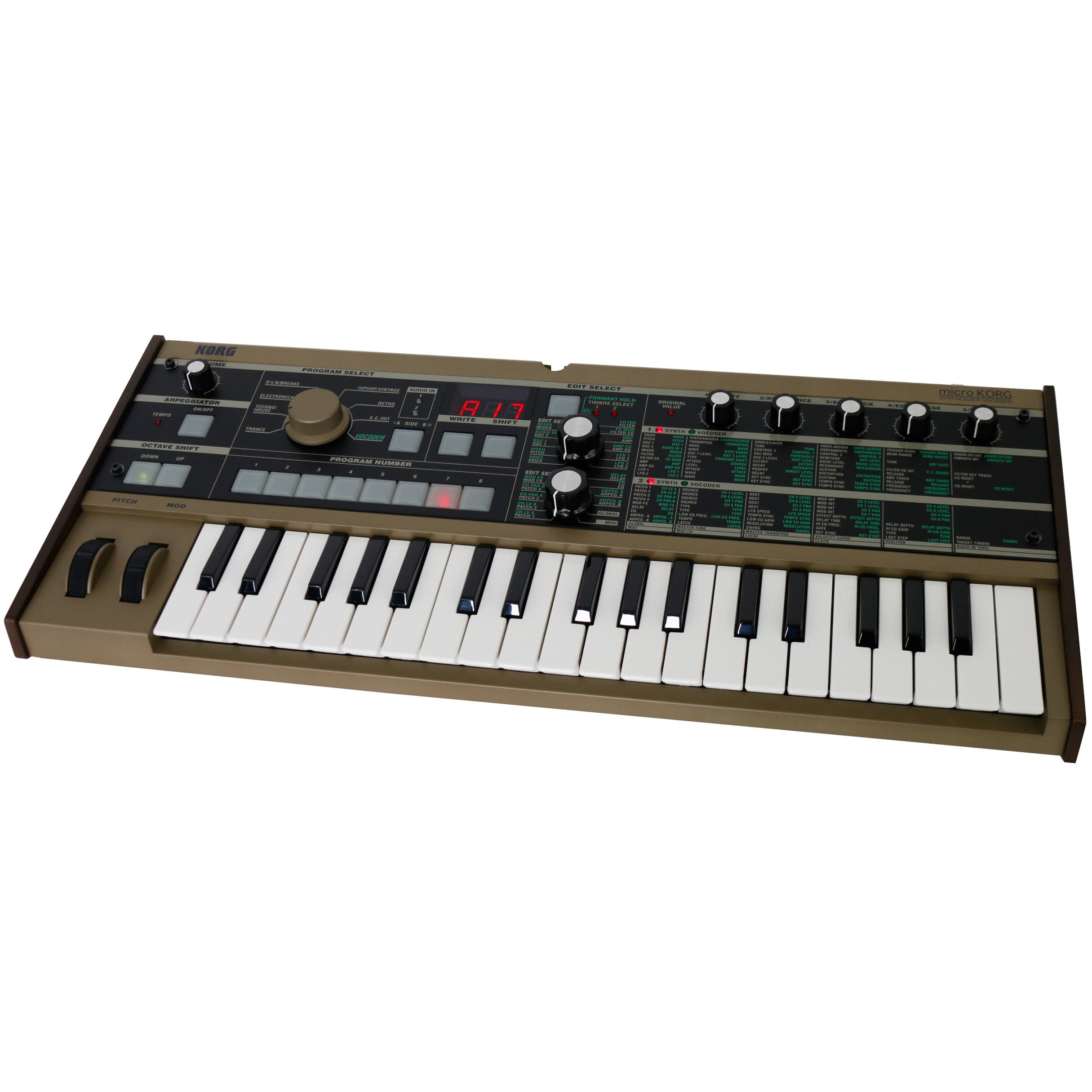 A gold Korg MicroKORG synthesizer keyboard with black and white keys.