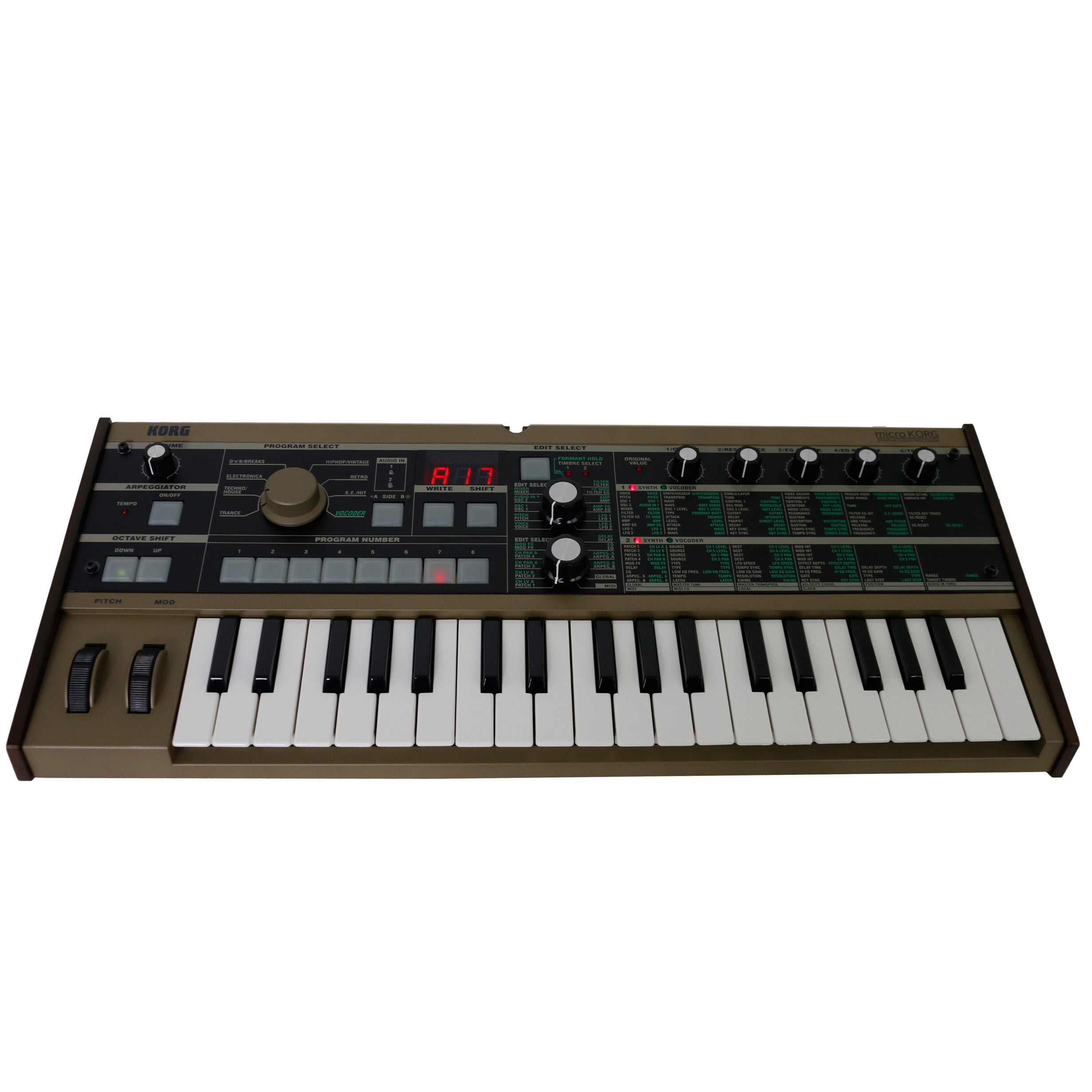 A Korg synthesizer with a keyboard, knobs, and buttons on a white background.
