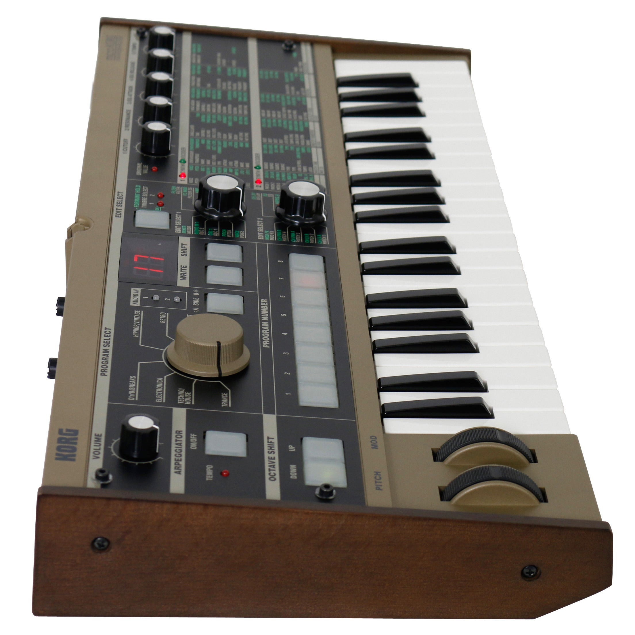 A gold Korg synthesizer with a keyboard, knobs, and buttons on a white background.
