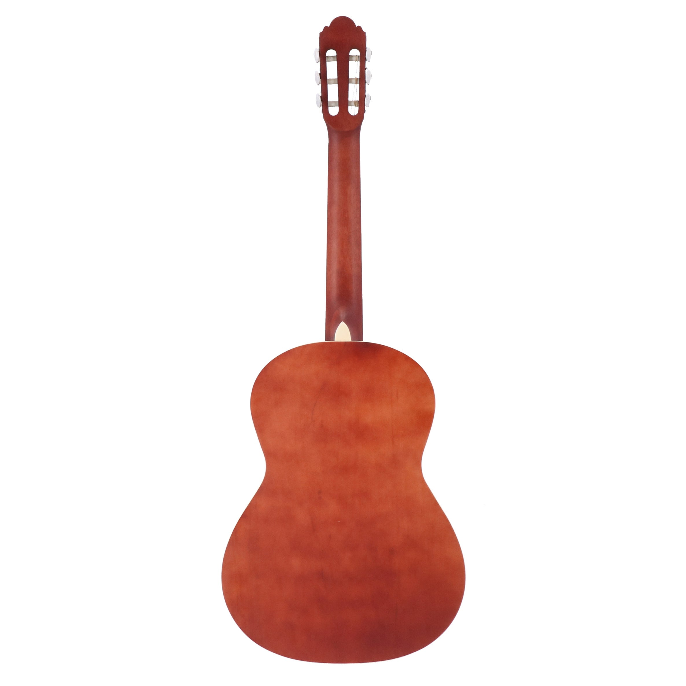 Achterkant van een bruine akoestische gitaar met hals en kop.