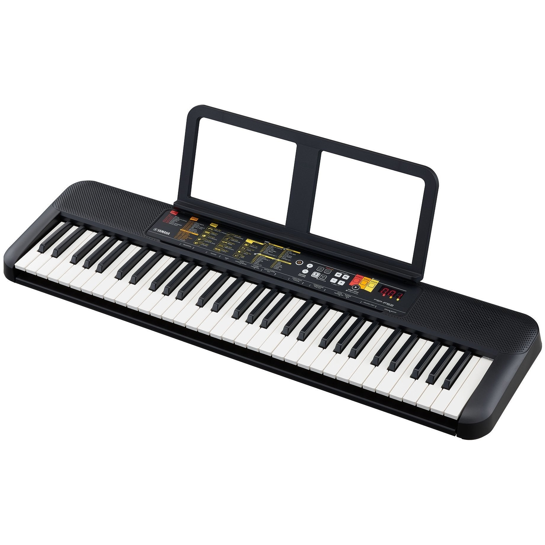 Een zwart Yamaha keyboard met witte en zwarte toetsen en muziekstandaard.