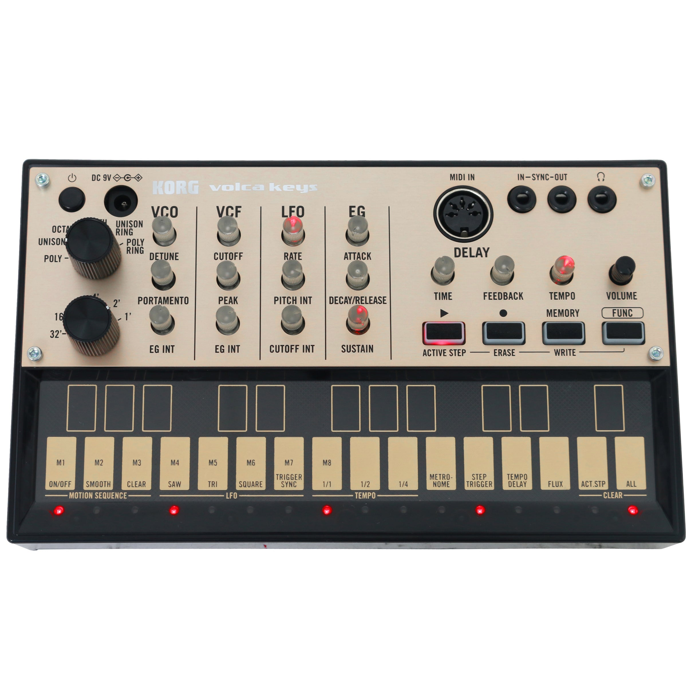 Een Korg Volca Keys synthesizer met knoppen en toetsen.