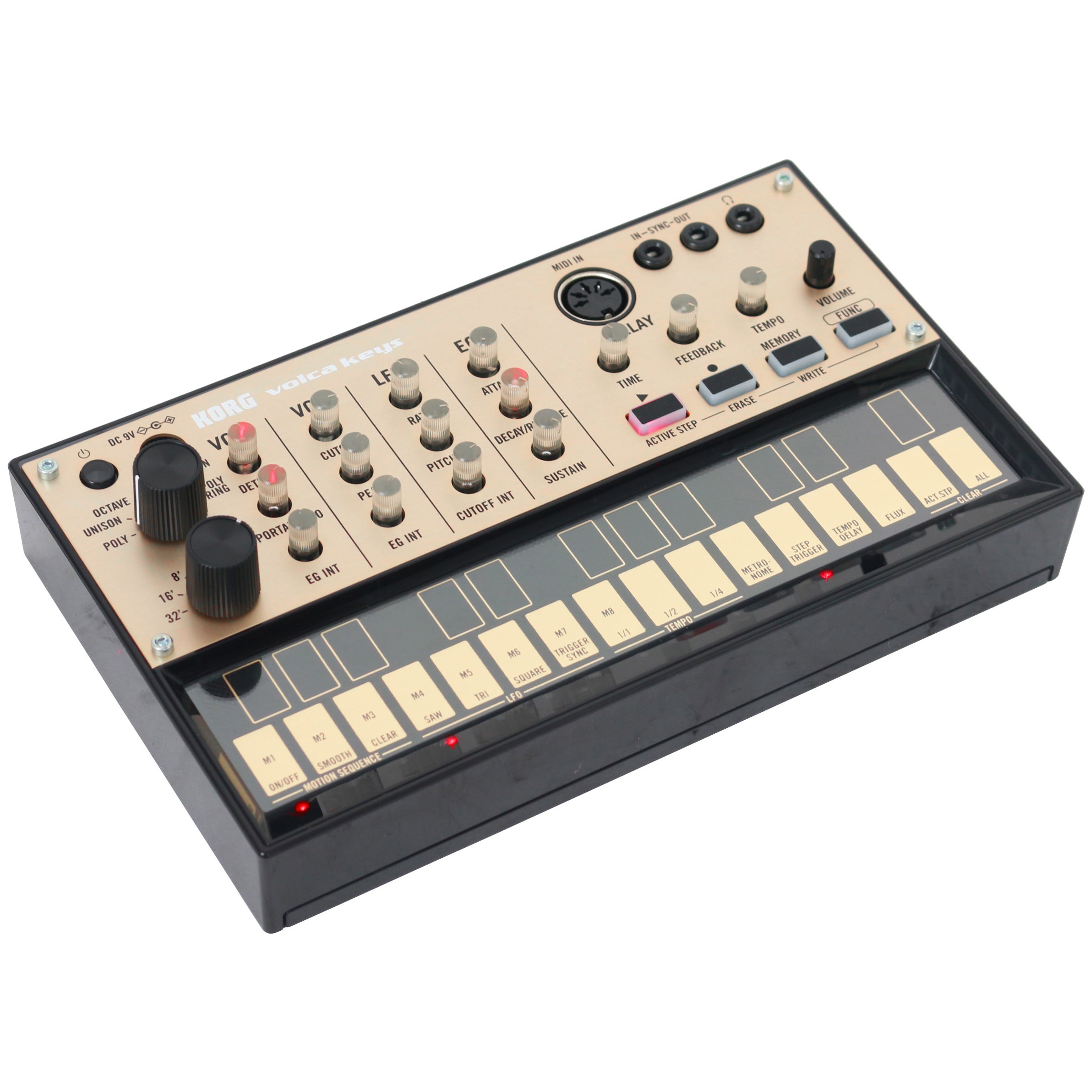 Een Korg Volca Keys synthesizer met gouden bovenkant, zwarte basis, knoppen en toetsen.