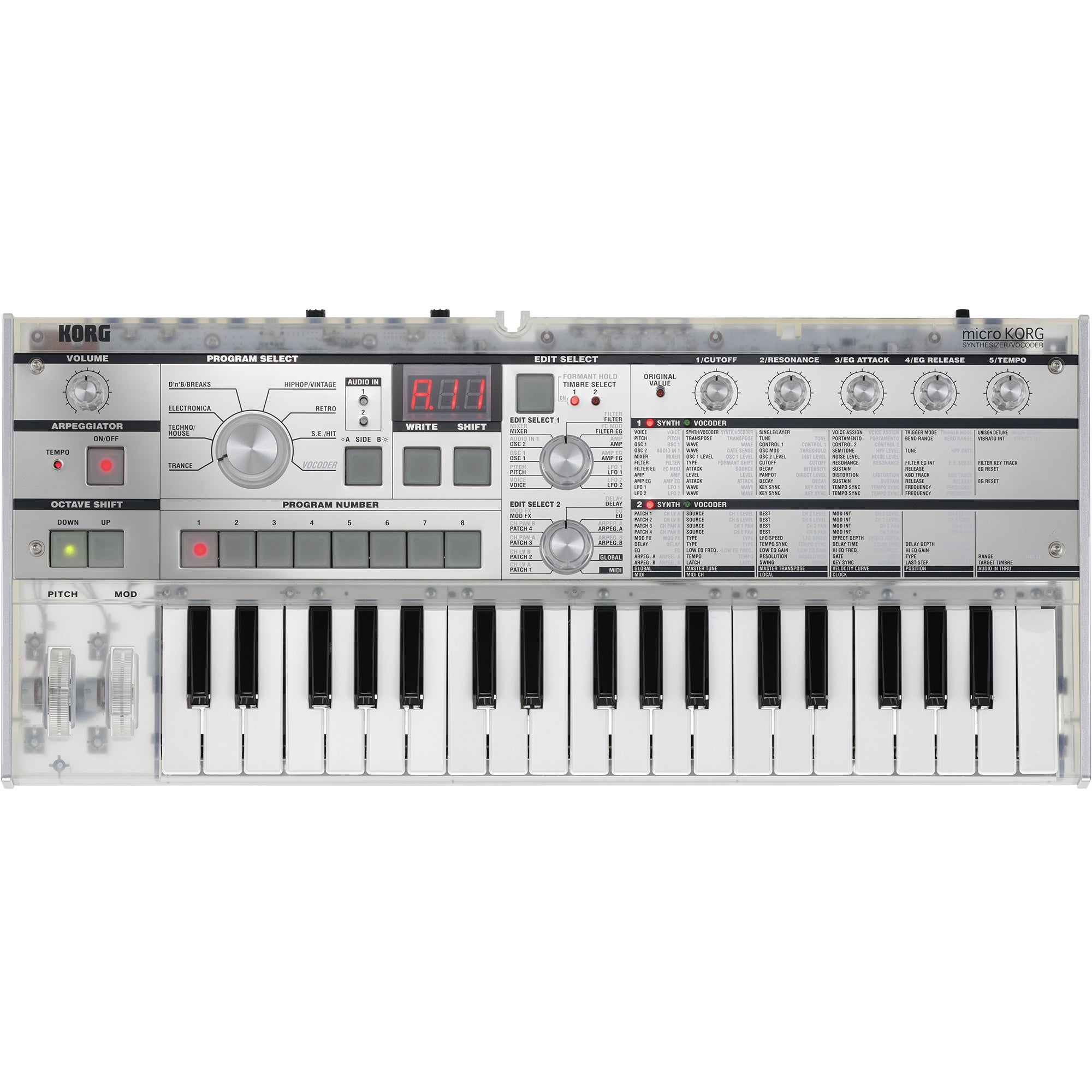 Een Korg MicroKORG synthesizer/vocoder met toetsenbord, schuifregelaars en knoppen.
