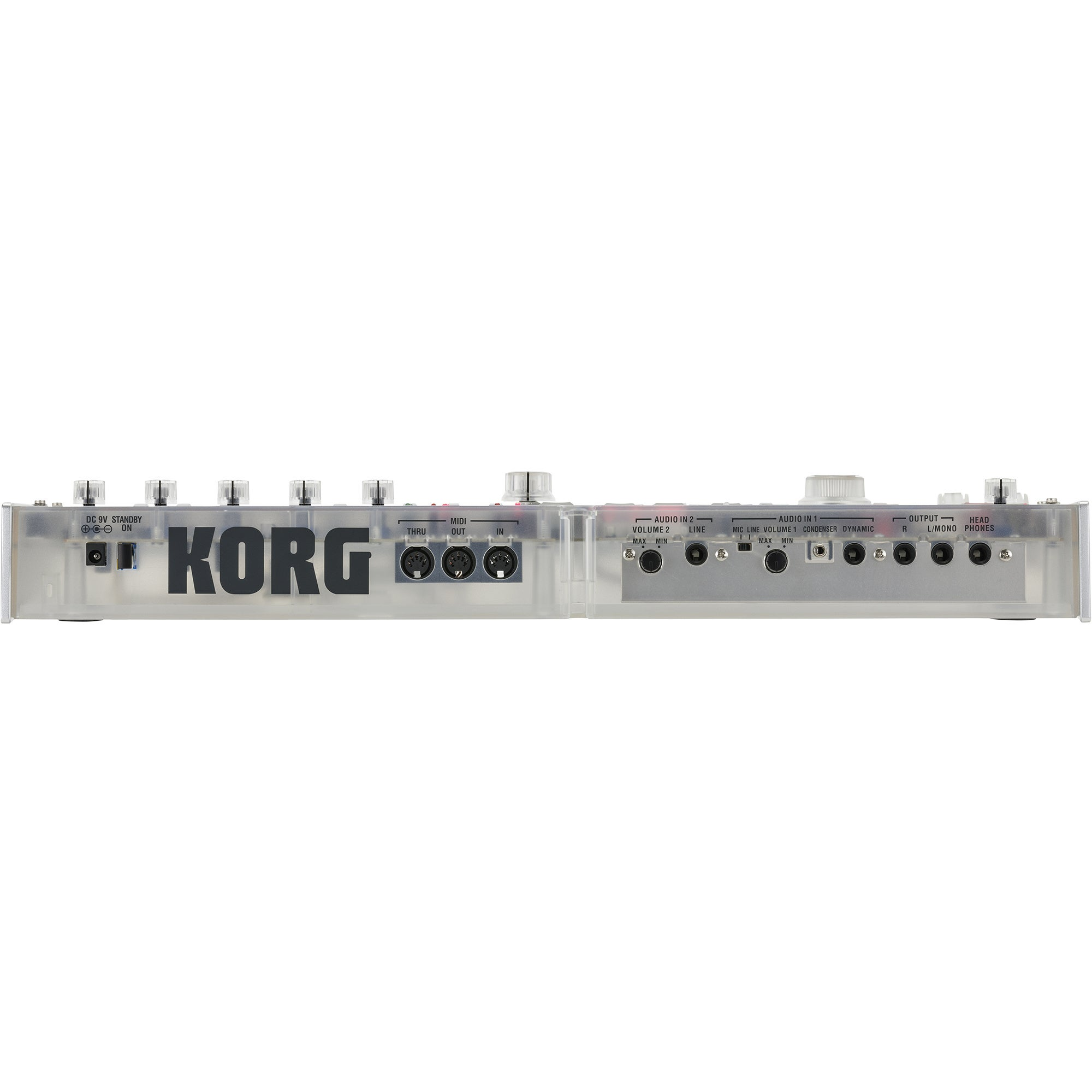 Korg synthesizer met aansluitingen: DC IN, MIDI, Audio In/Out, Koptelefoon.