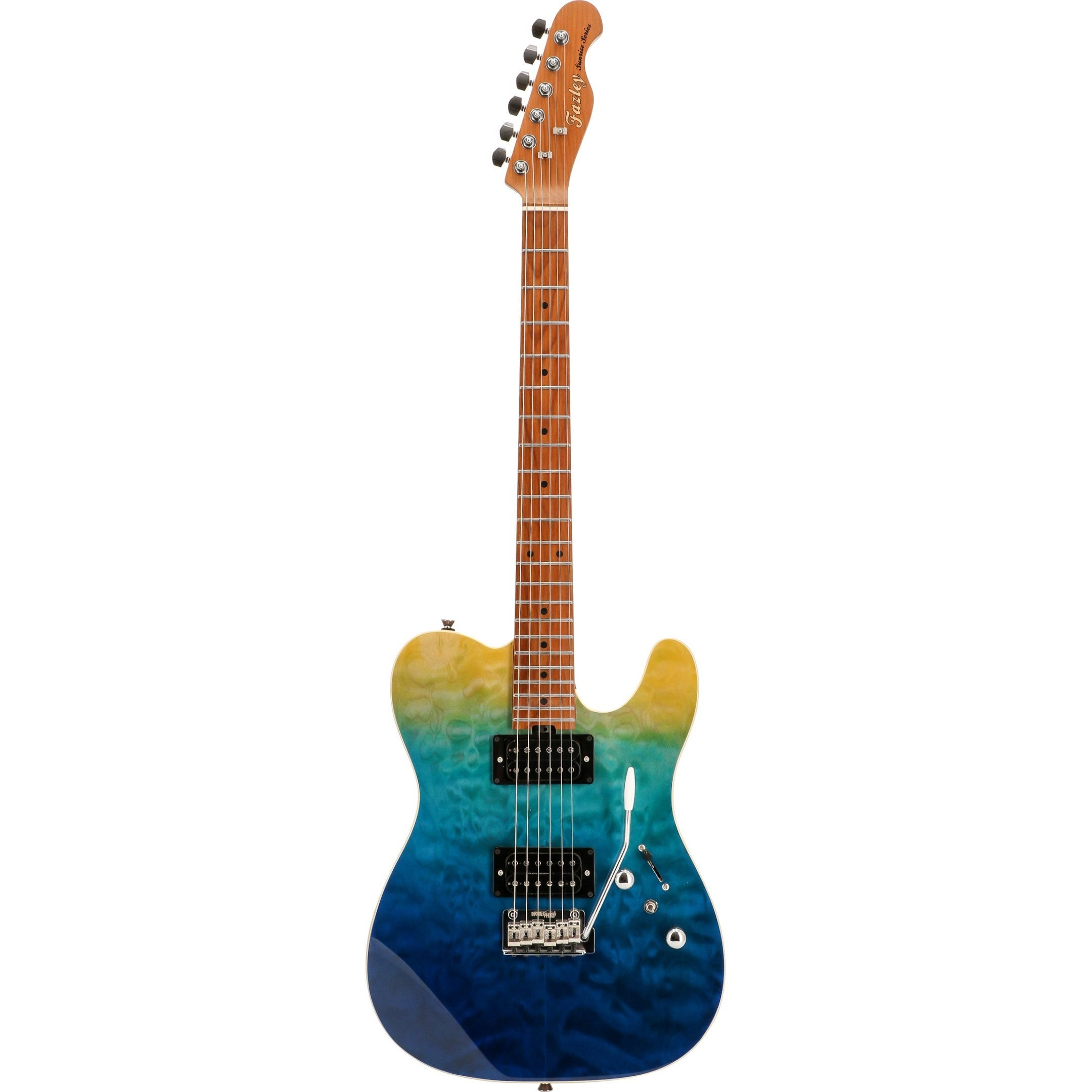 Een elektrische gitaar met een gele naar blauwe en donkerblauwe gradiënt.