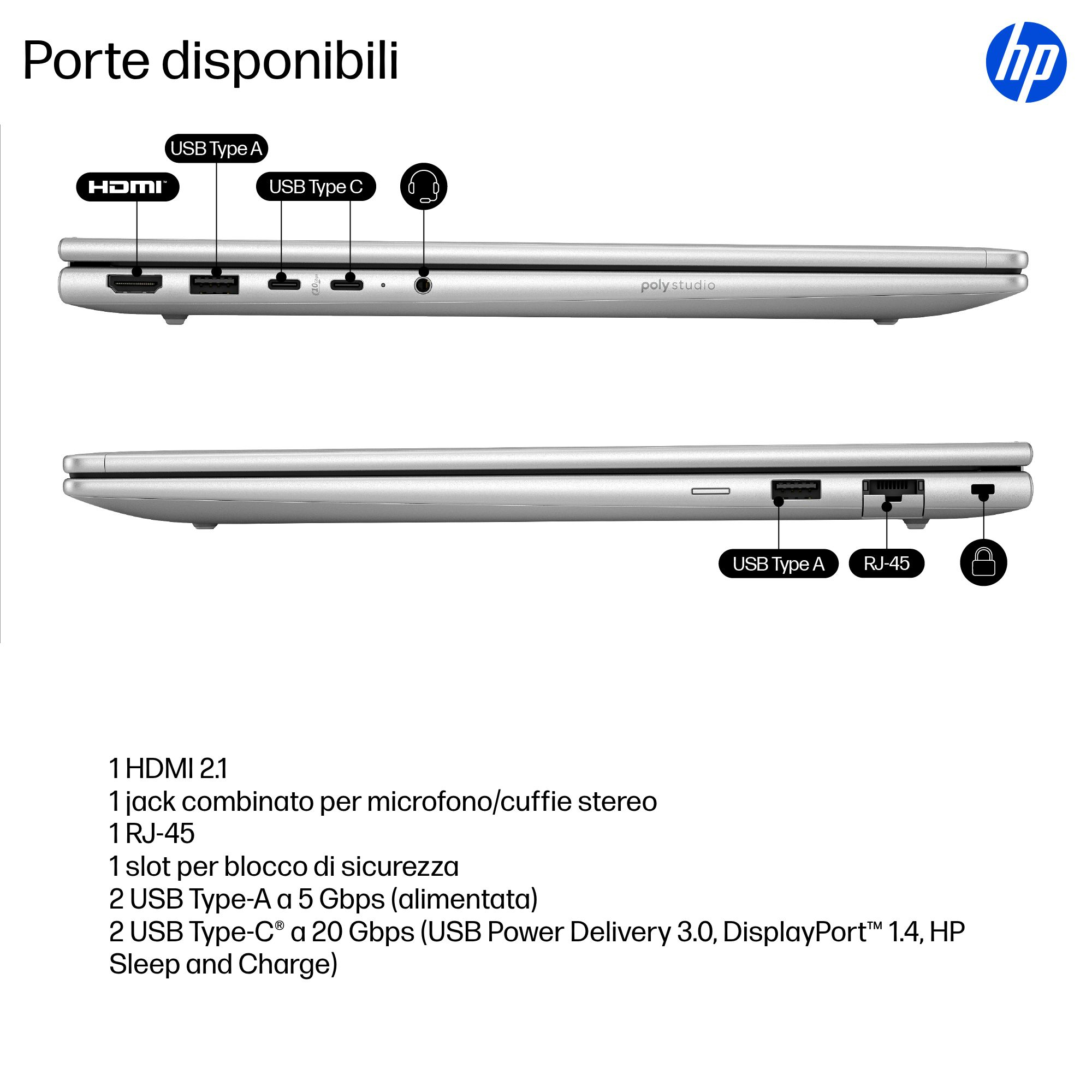 Laptop HP argento che mostra le porte: HDMI, USB-A, USB-C, RJ45, jack audio.