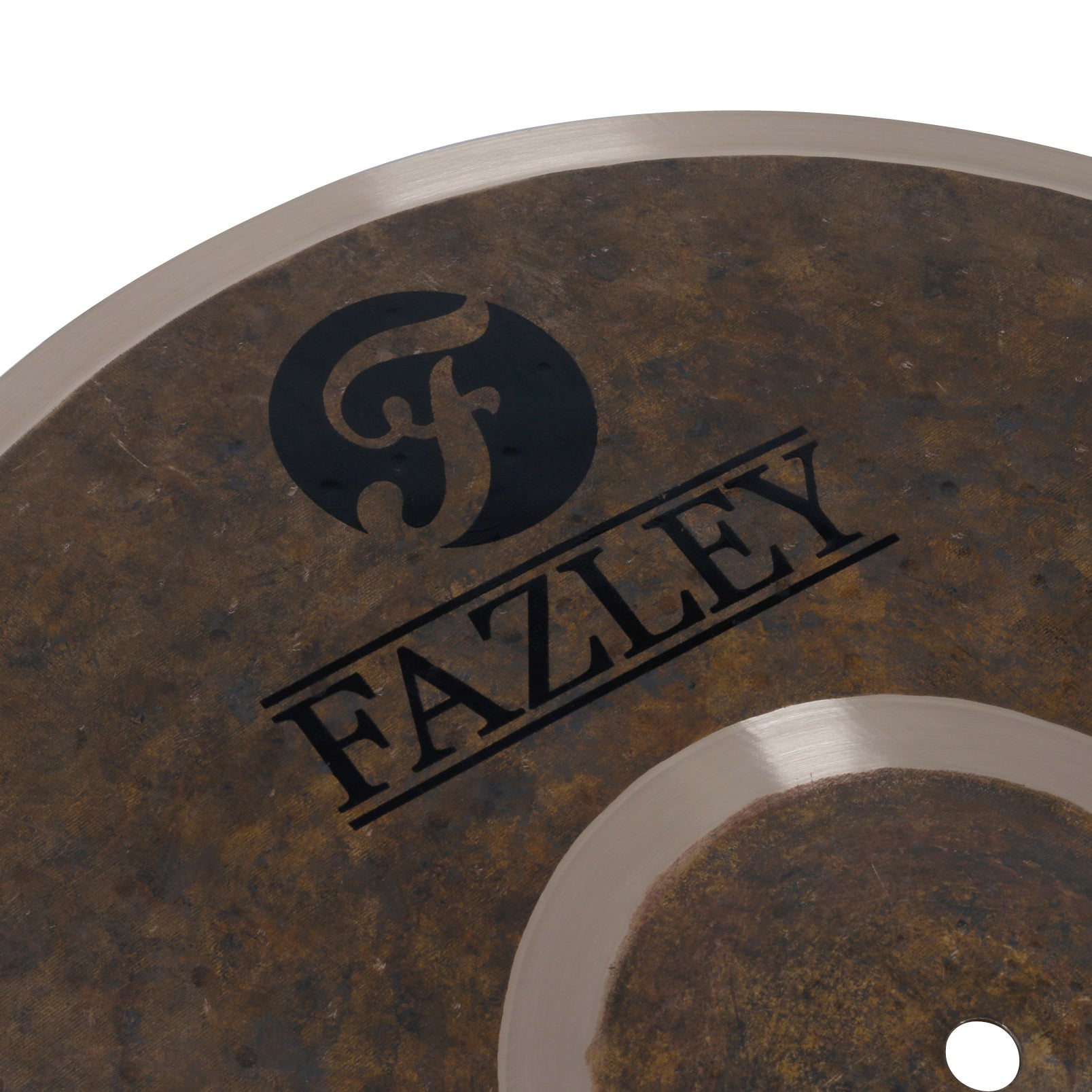Close-up of a brown cymbal with a black 'F' logo and 'FAZLEY' text.