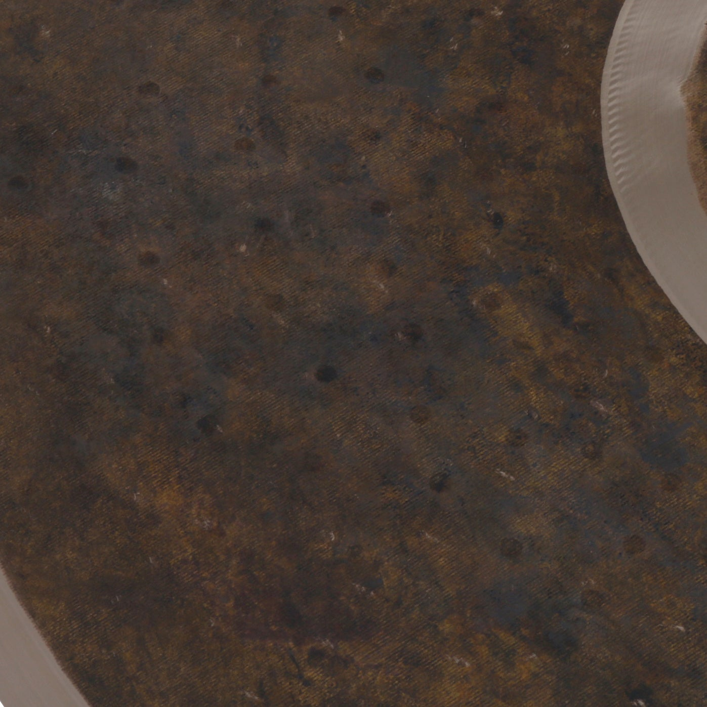 A close-up of a brown textured surface with dark spots and a partial white edge.