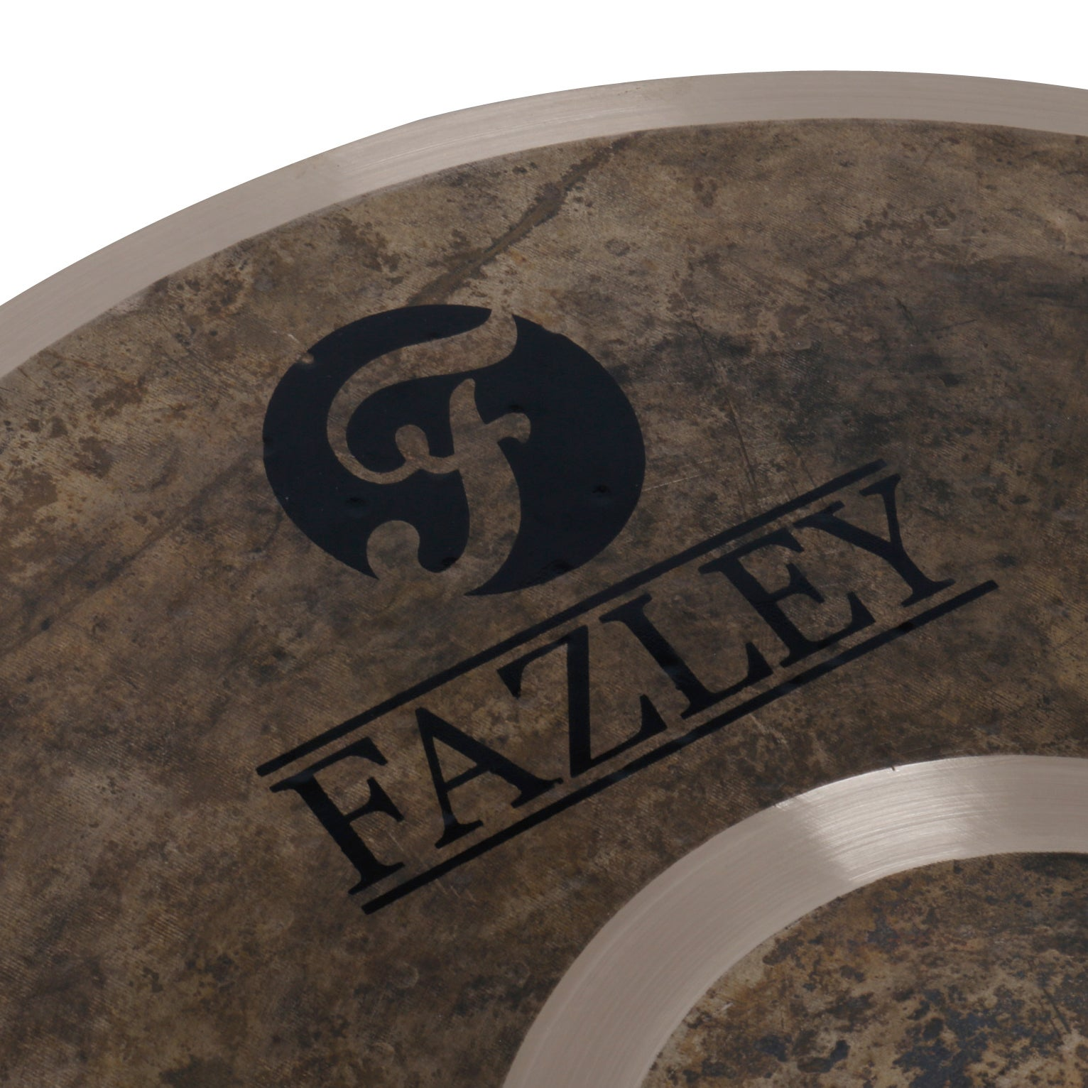 Close-up of a cymbal with the FAZLEY logo and name.