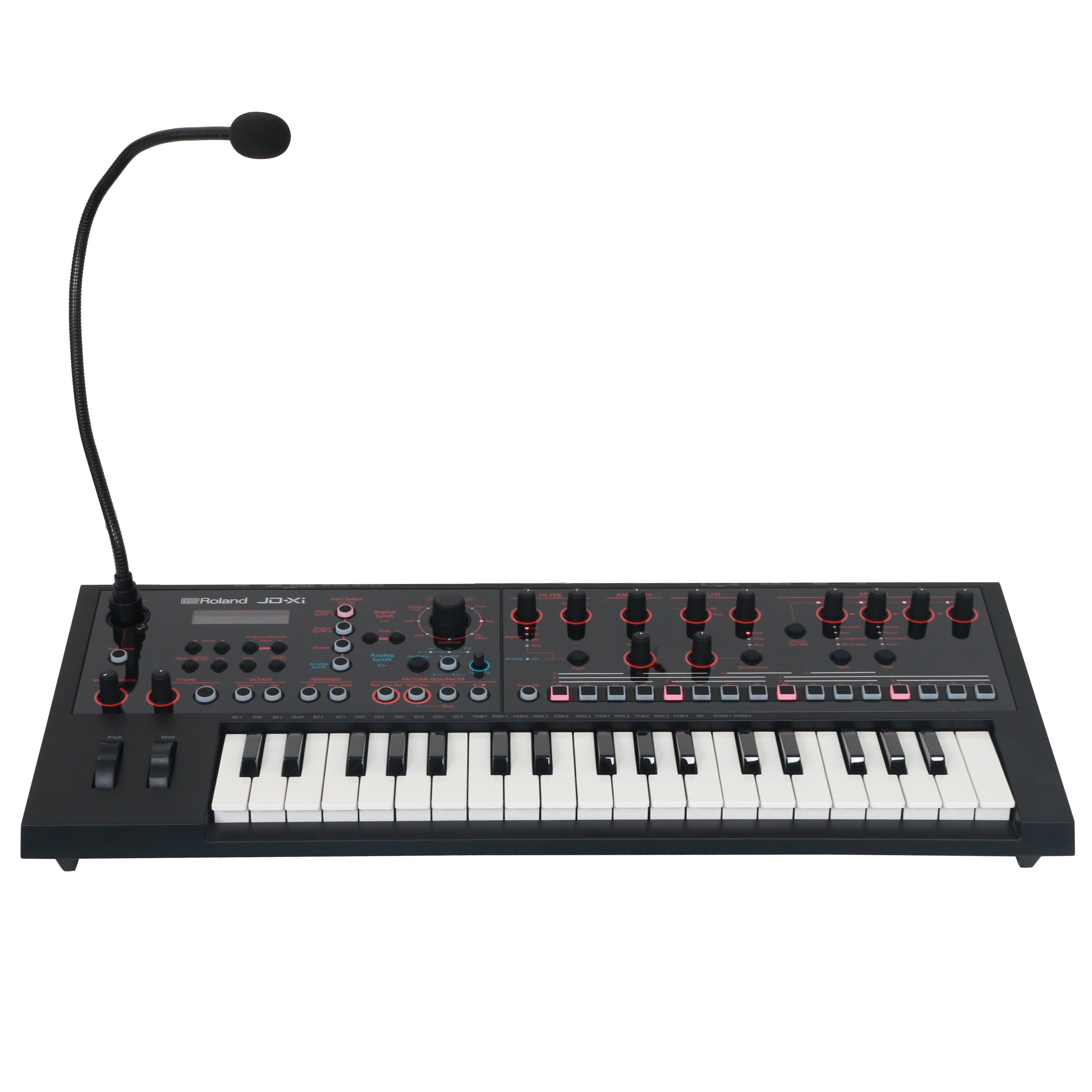 Zwarte Roland JD-Xi synthesizer met microfoon, toetsen en knoppen.