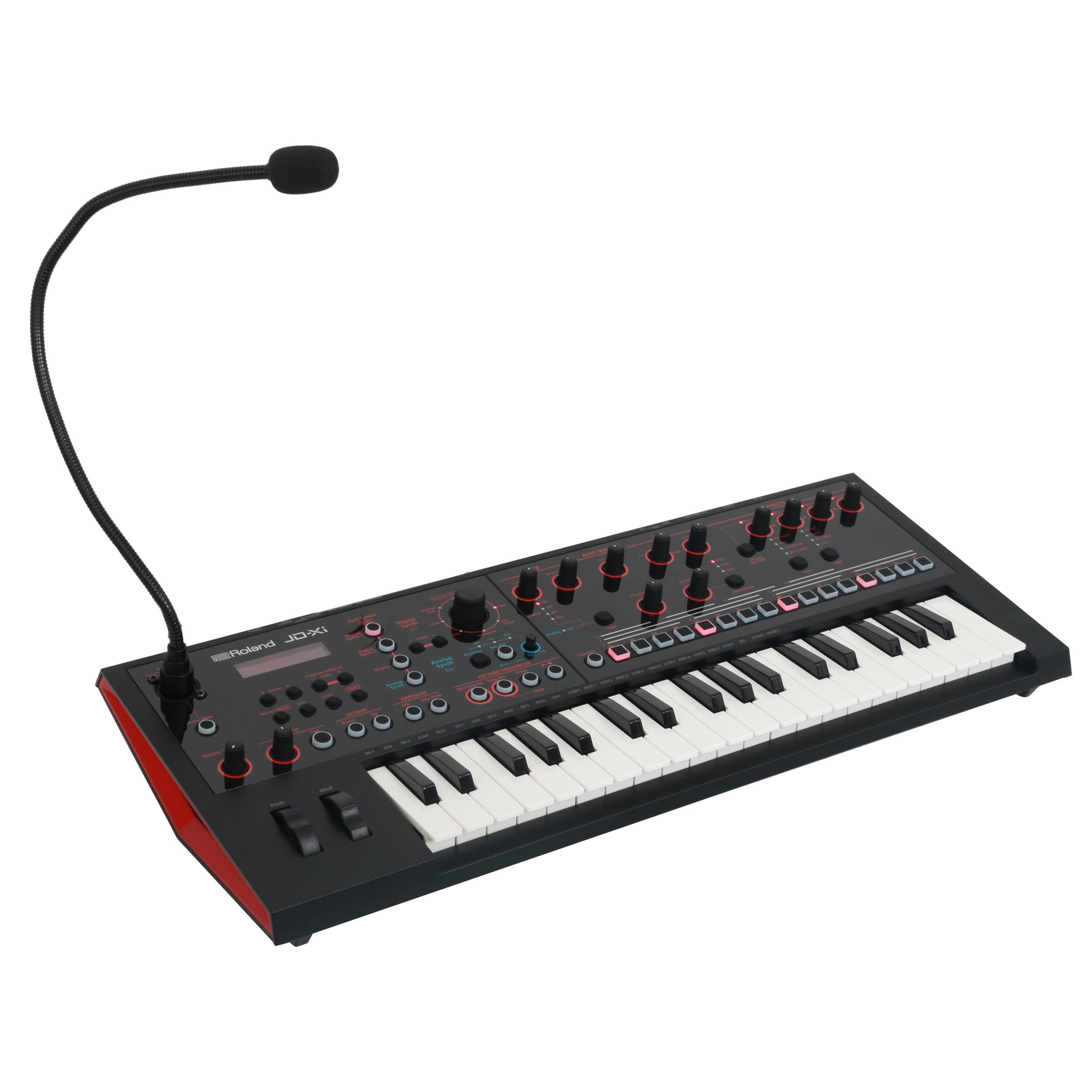 Zwart Roland JD-XI synthesizer toetsenbord met microfoon, rode accenten en vele knoppen.
