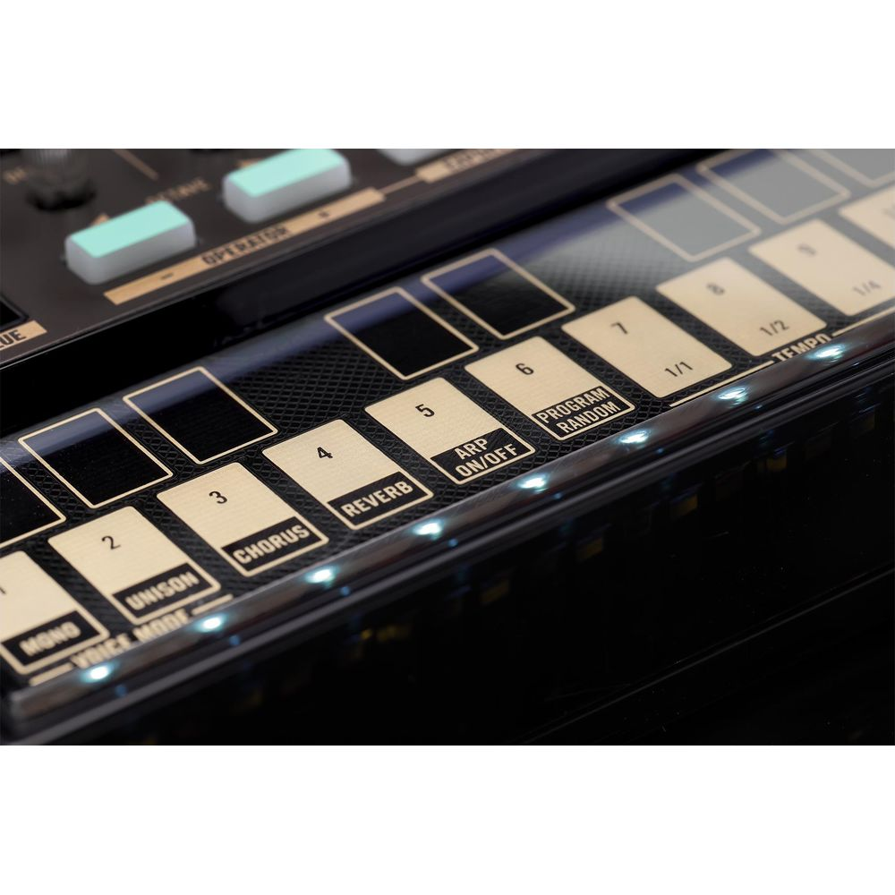 Close-up van een digitale synthesizer met knoppen zoals "Chorus", "Reverb", "ARP ON/OFF".