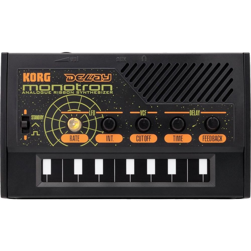 A Korg Monotron analogue ribbon synthesizer with knobs and a mini keyboard.