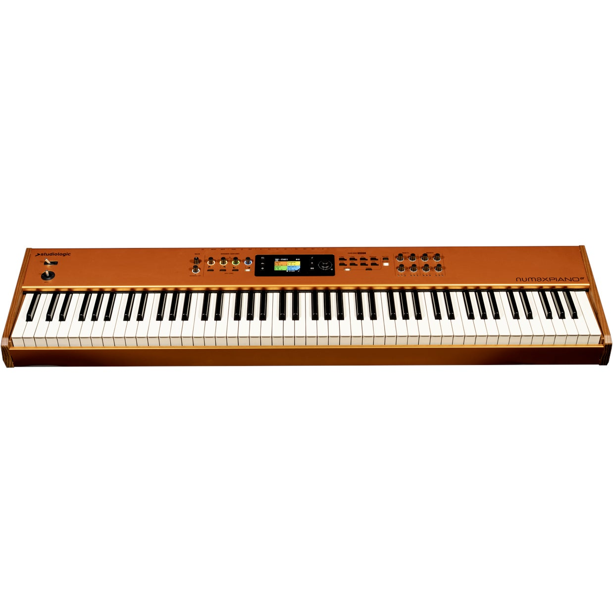 Een bruin keyboard met witte en zwarte toetsen, een scherm en knoppen.