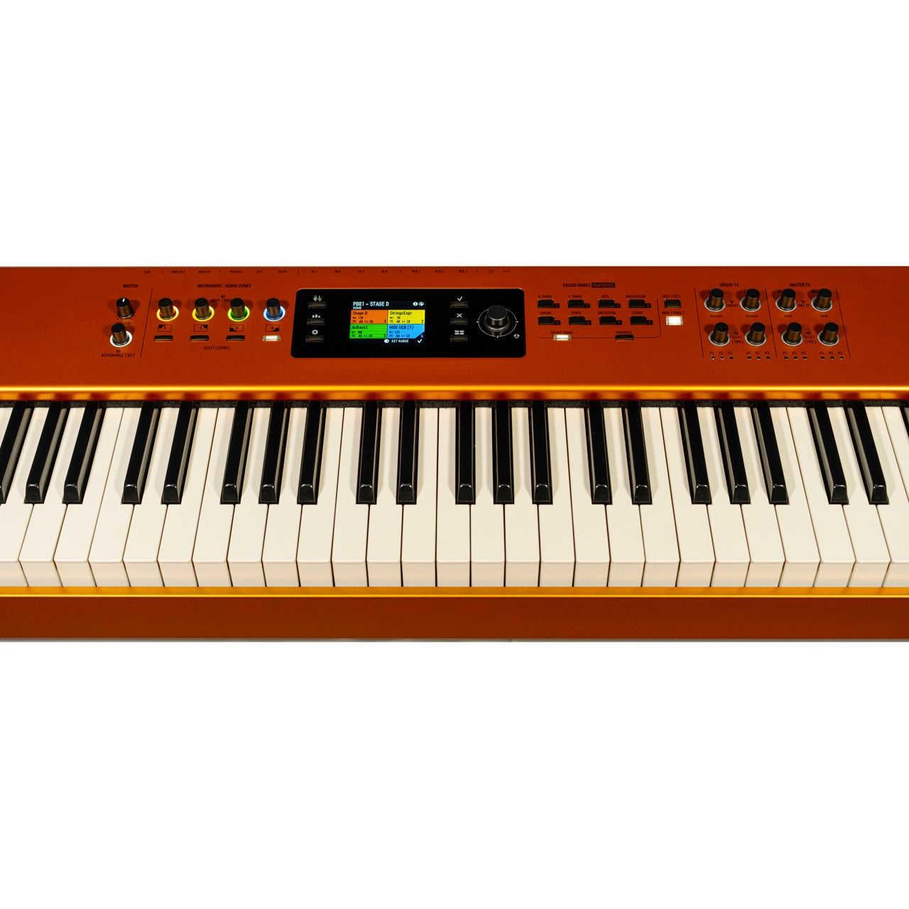 Een oranje elektronisch keyboard met zwart-witte toetsen en een digitaal display.