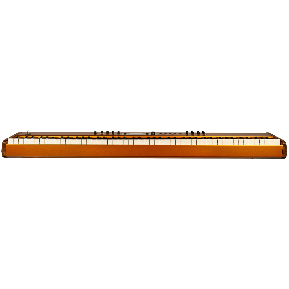 Een oranje keyboard met witte en zwarte toetsen en zwarte knoppen.