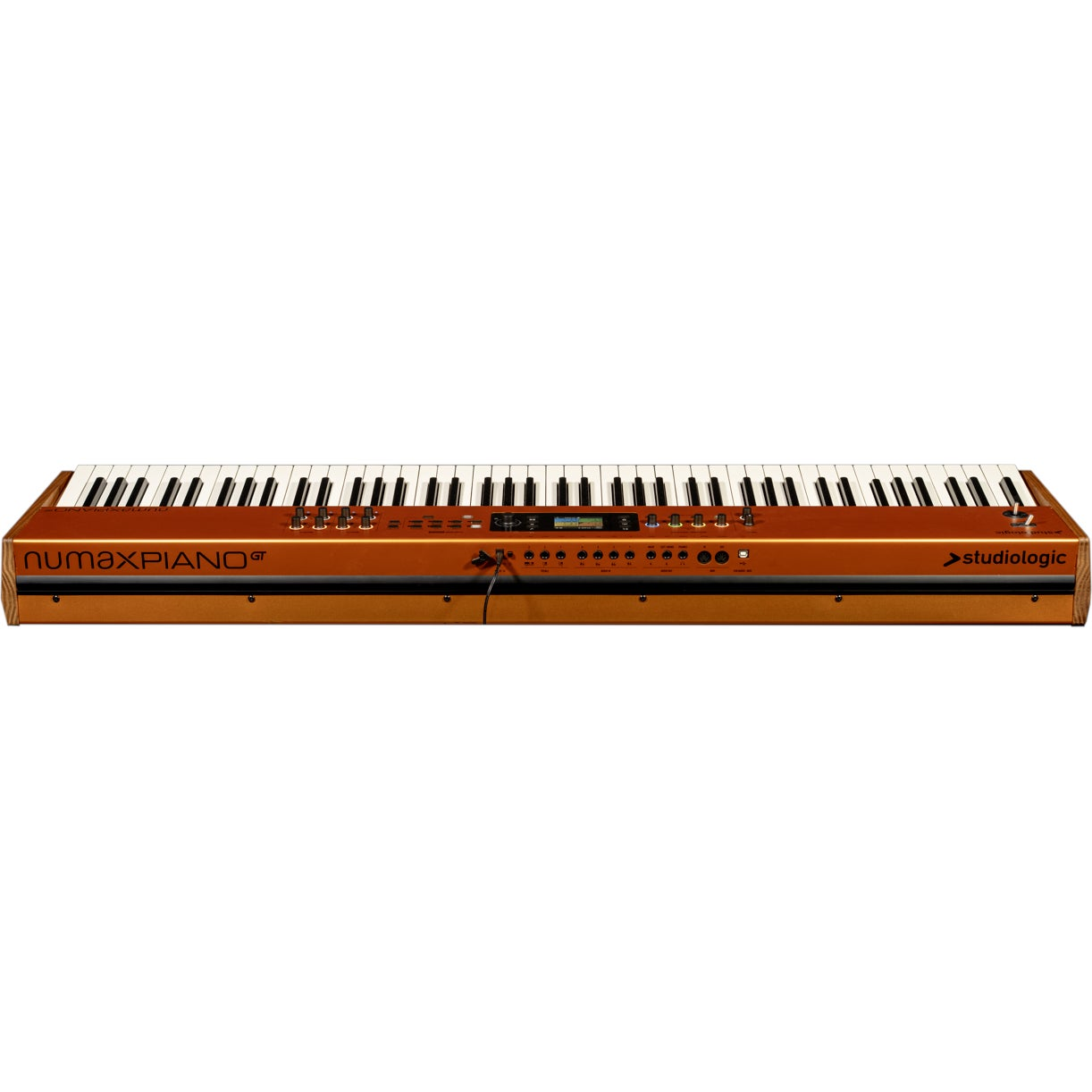 Een glanzend oranje digitale piano met 88 toetsen en zwarte en witte toetsen.