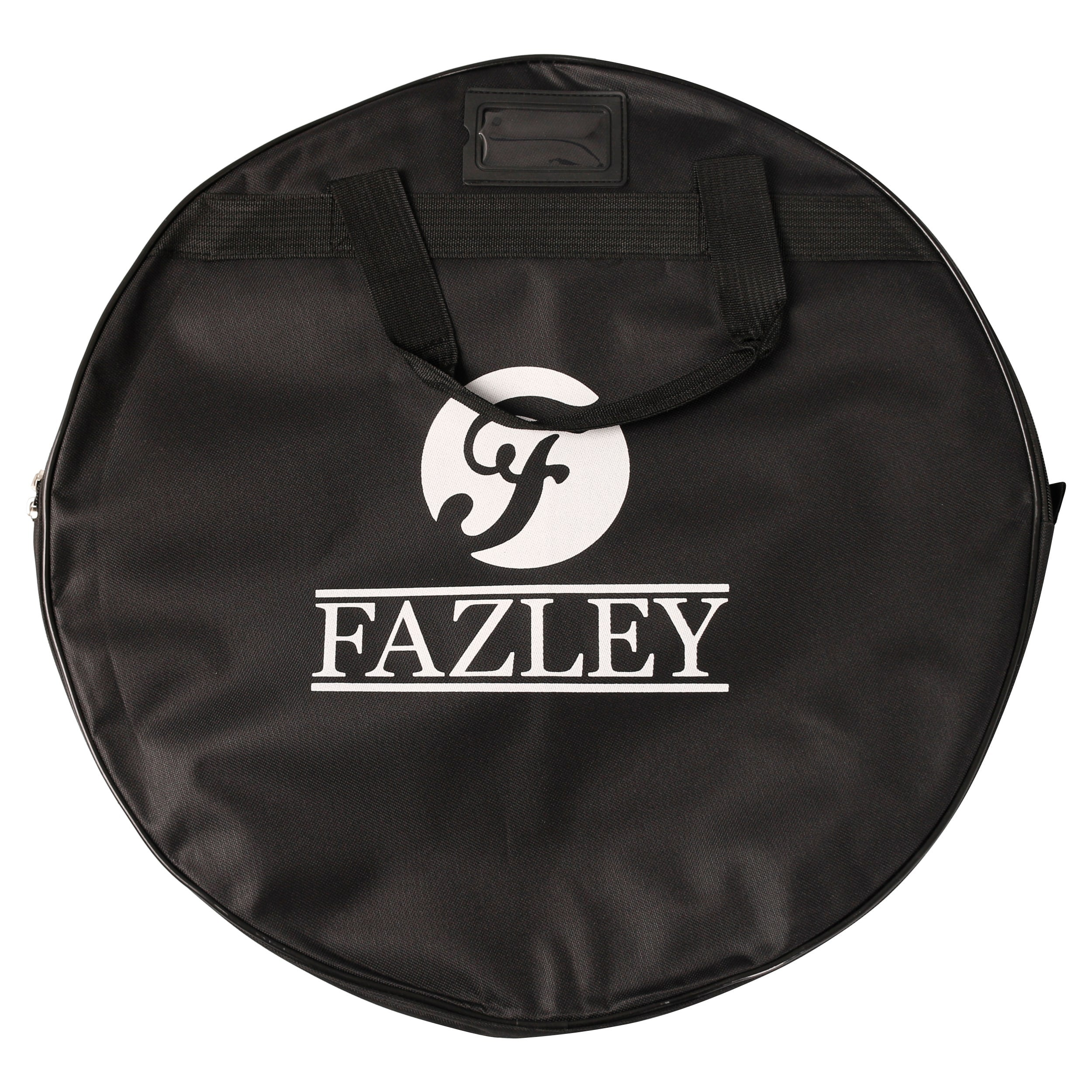 A black round bag with a white "F" logo and the text "FAZLEY".