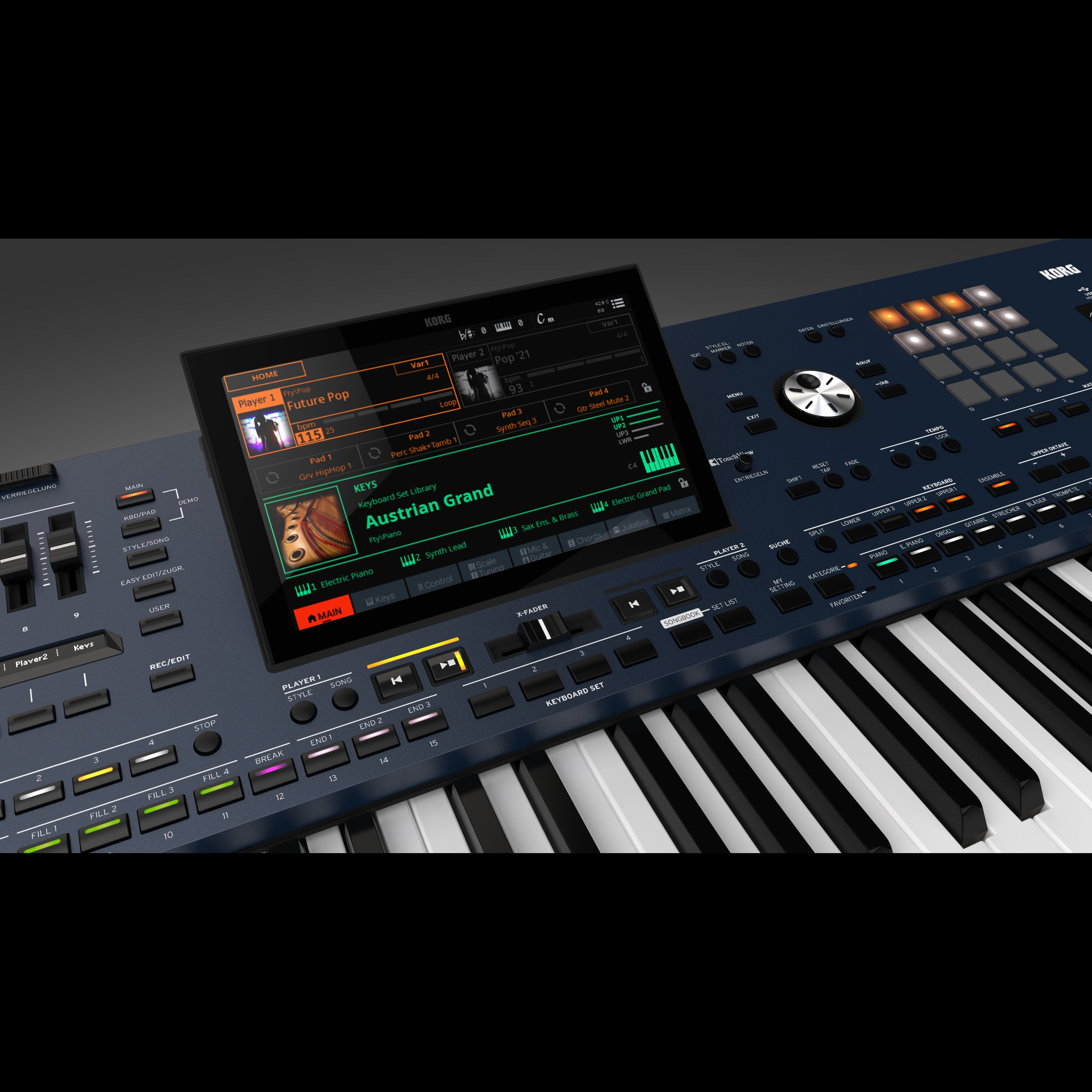 A Korg keyboard with a large touchscreen displaying sounds and settings.