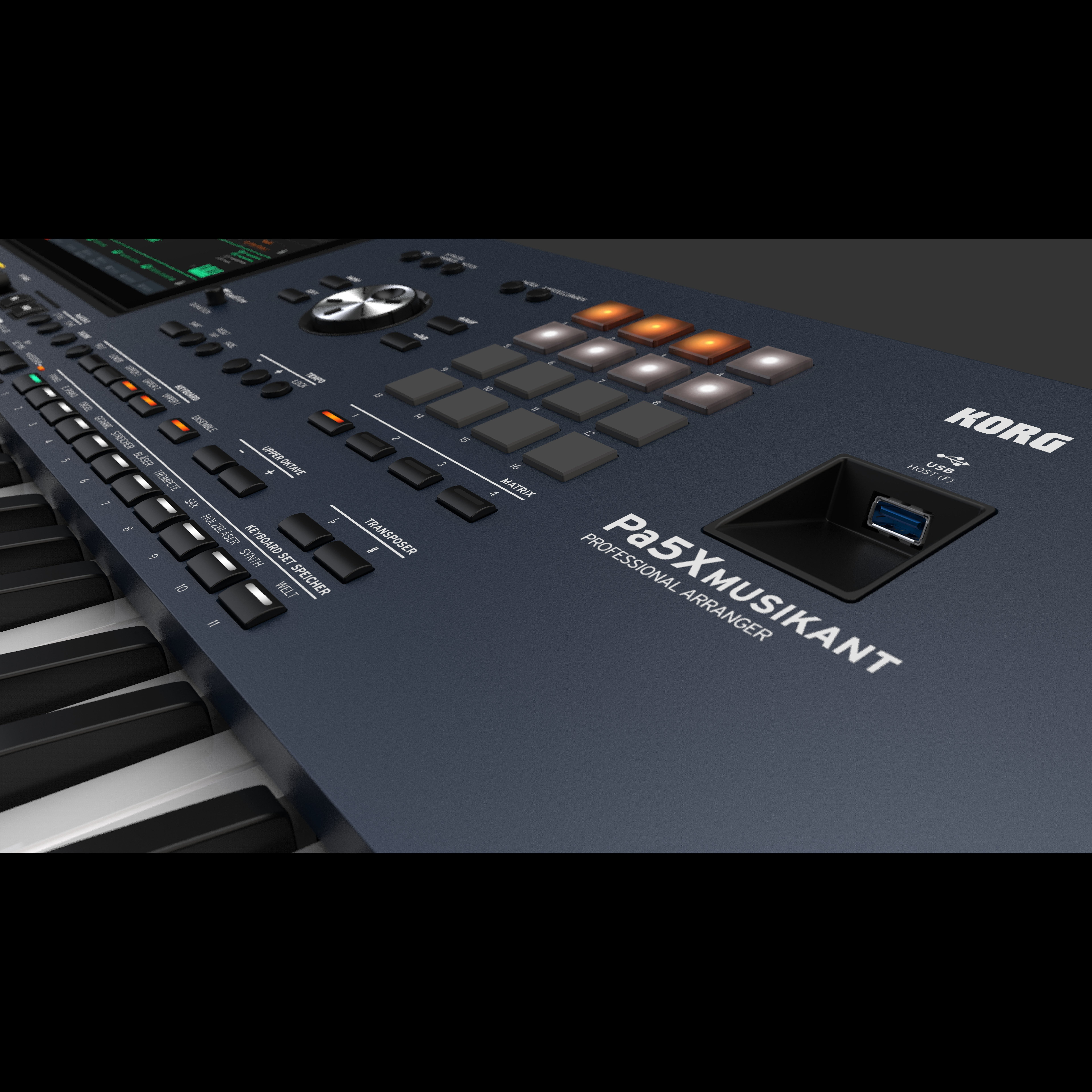 A dark Korg Pa5X Musikant keyboard with many buttons and lights.