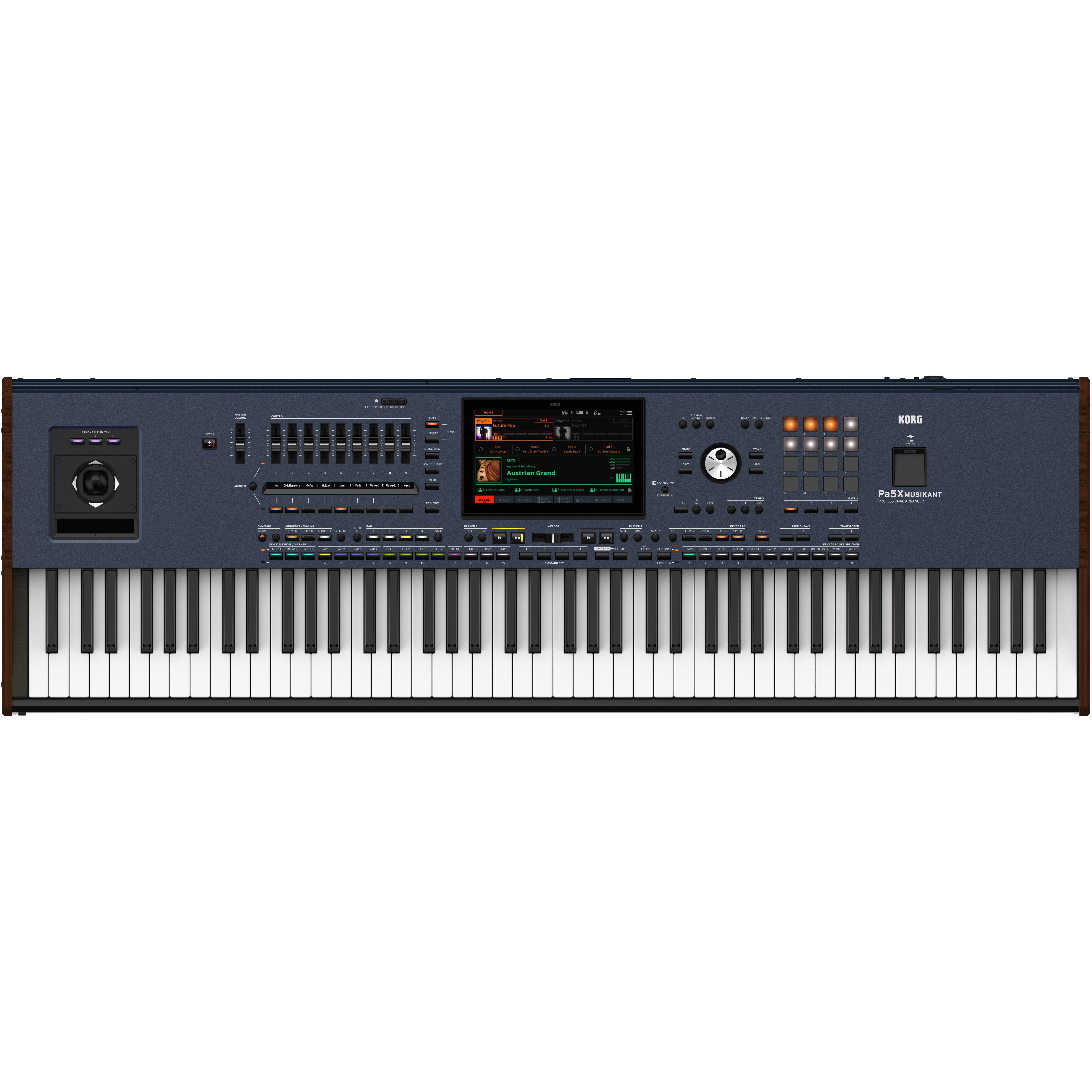 A blue Korg Pa5X keyboard with keys, touchscreen, and controls.