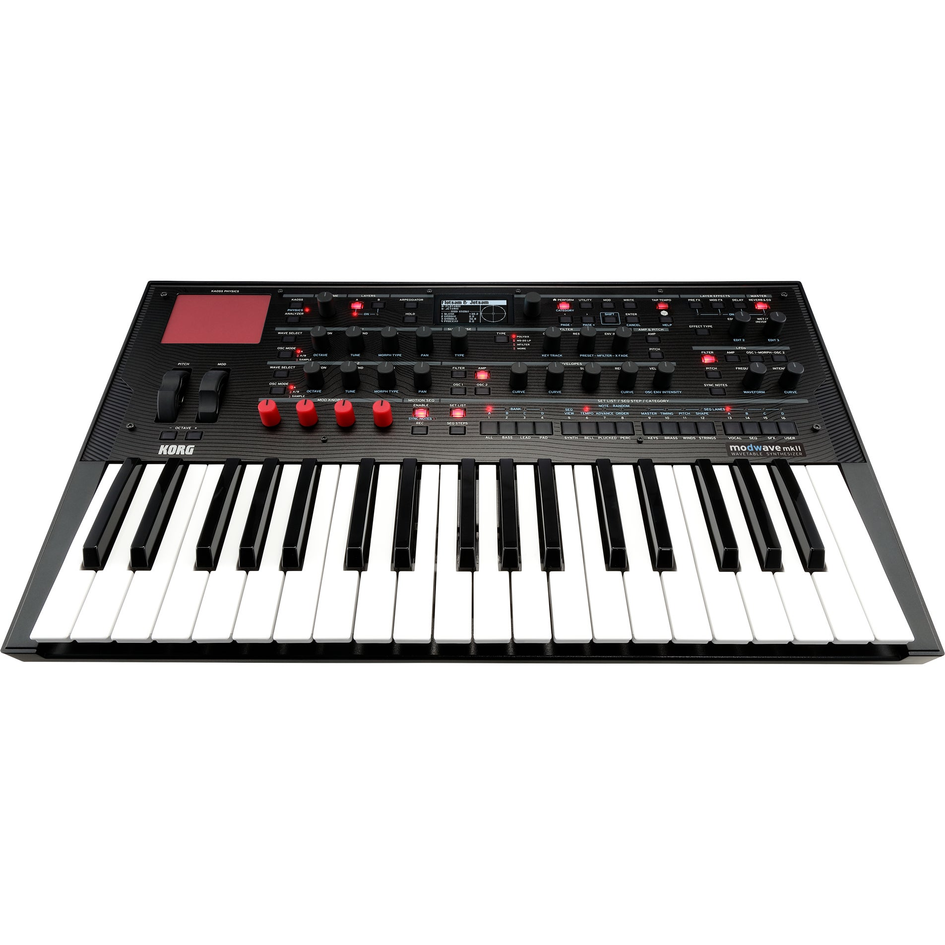 Een zwarte Korg Modwave mkII wavetable synthesizer met zwarte en witte toetsen.