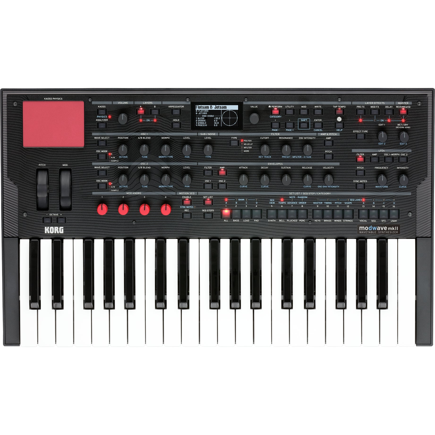 Korg Modwave MkII synthesizer met toetsenbord, rood display en vele bedieningselementen.