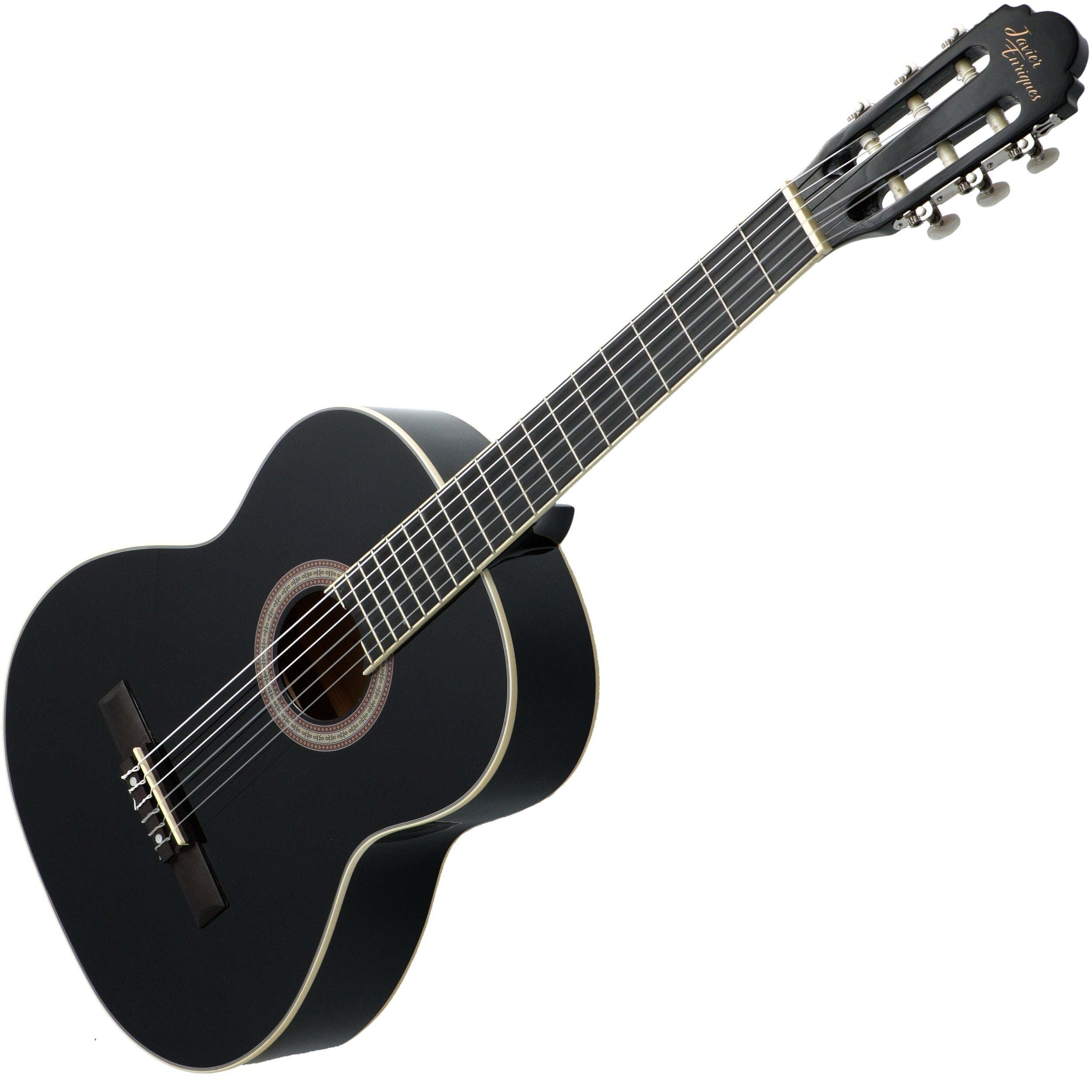 Een zwarte klassieke gitaar met zes snaren en „Javier Enriques“ op de kop.