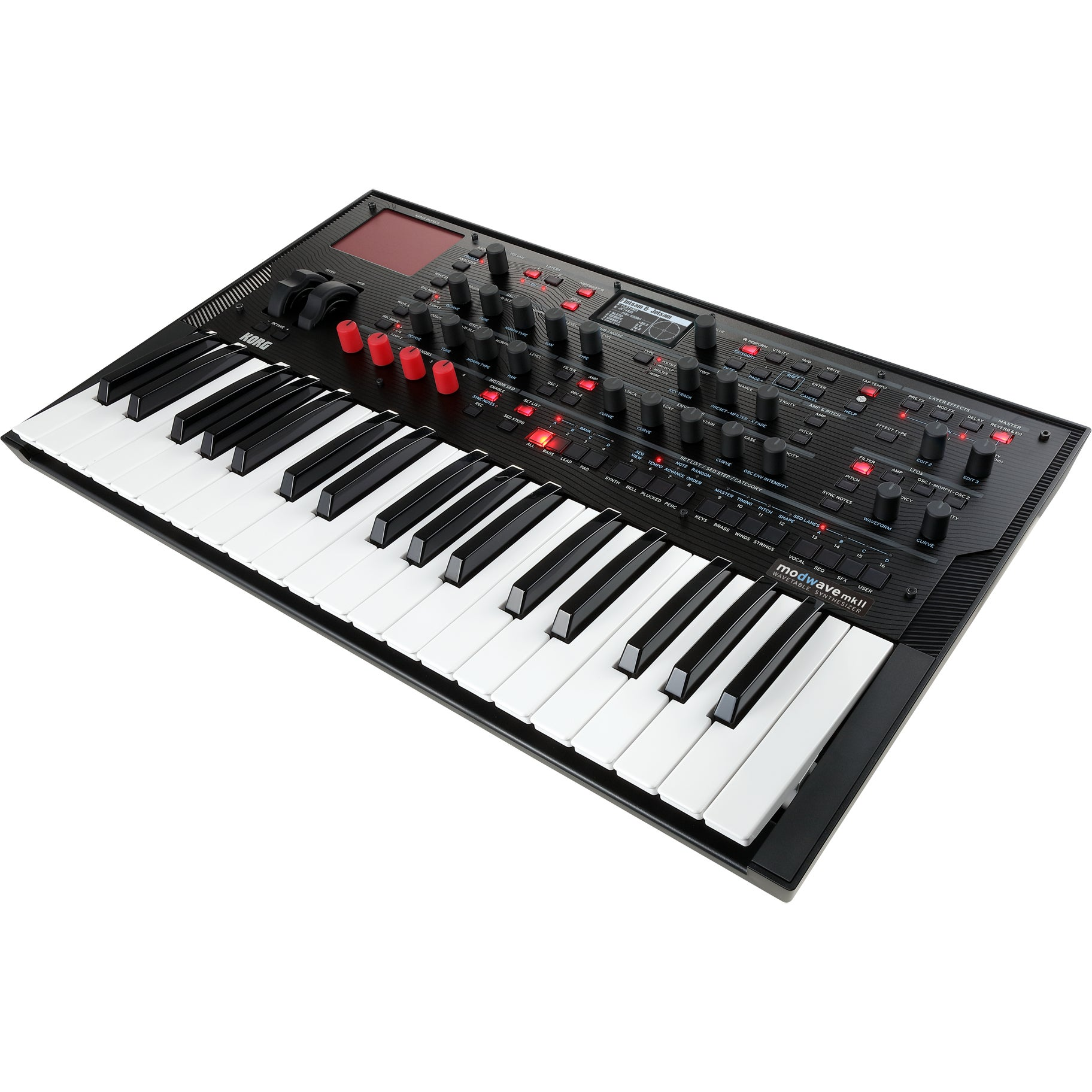 Zwarte Korg Modwave mkII wavetable synthesizer met toetsenbord, knoppen en rood display.