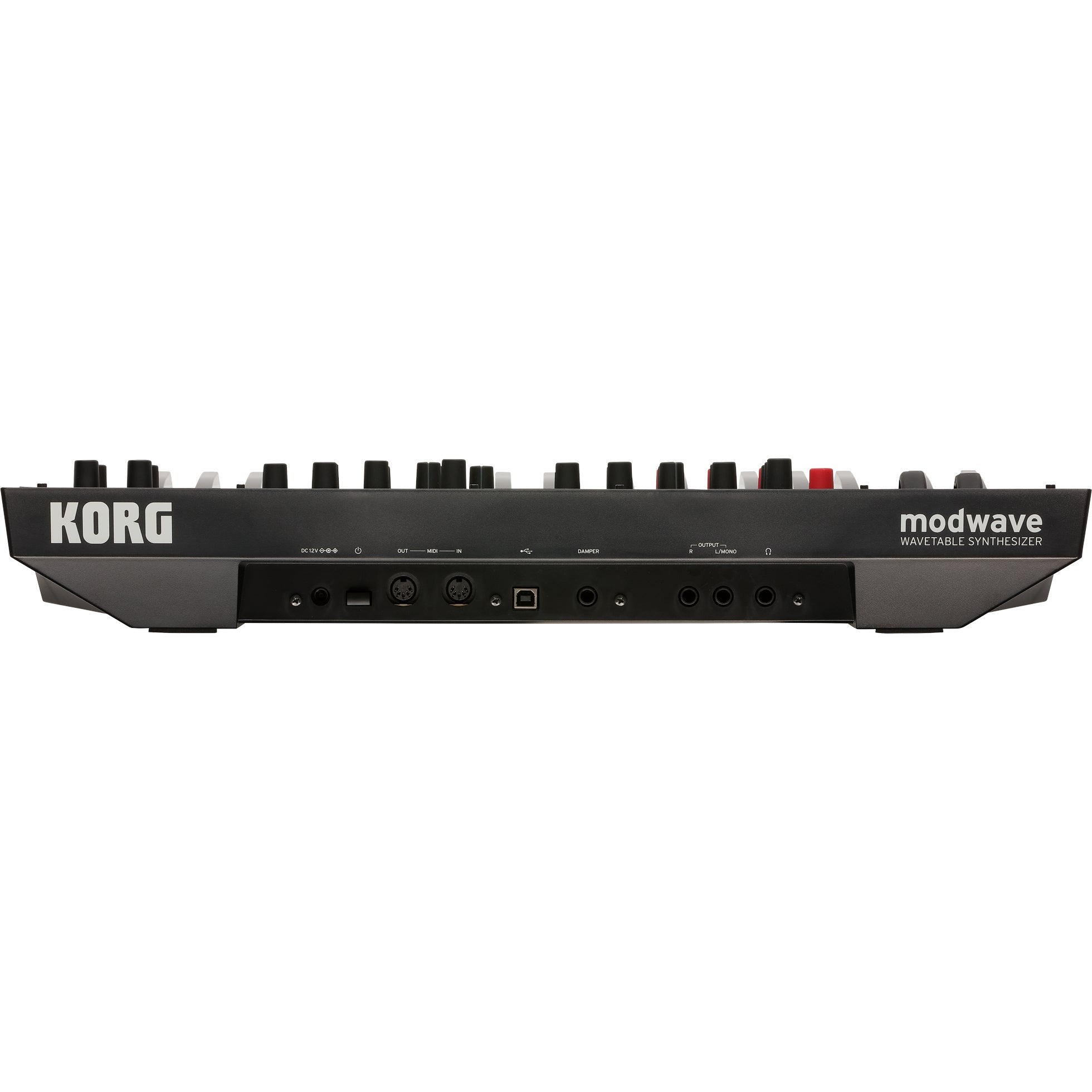 Korg modwave wavetable synthesizer achterpaneel met poorten: 12V DC, stroom, MIDI IN/OUT, USB, damper, L/R uitgangen.