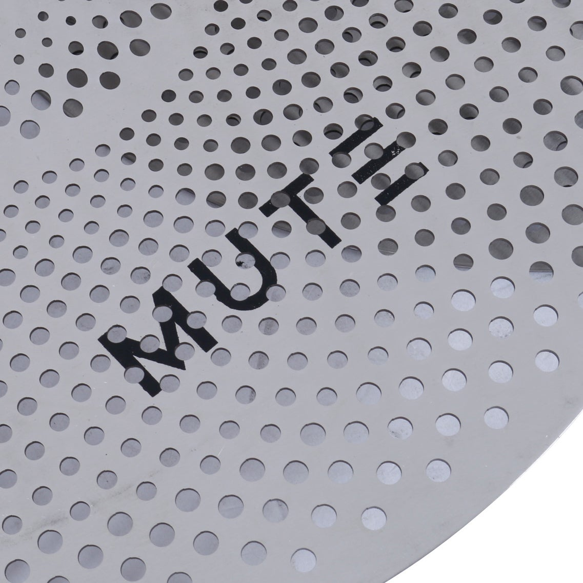 Gray perforated disc with the word MUTE in black.