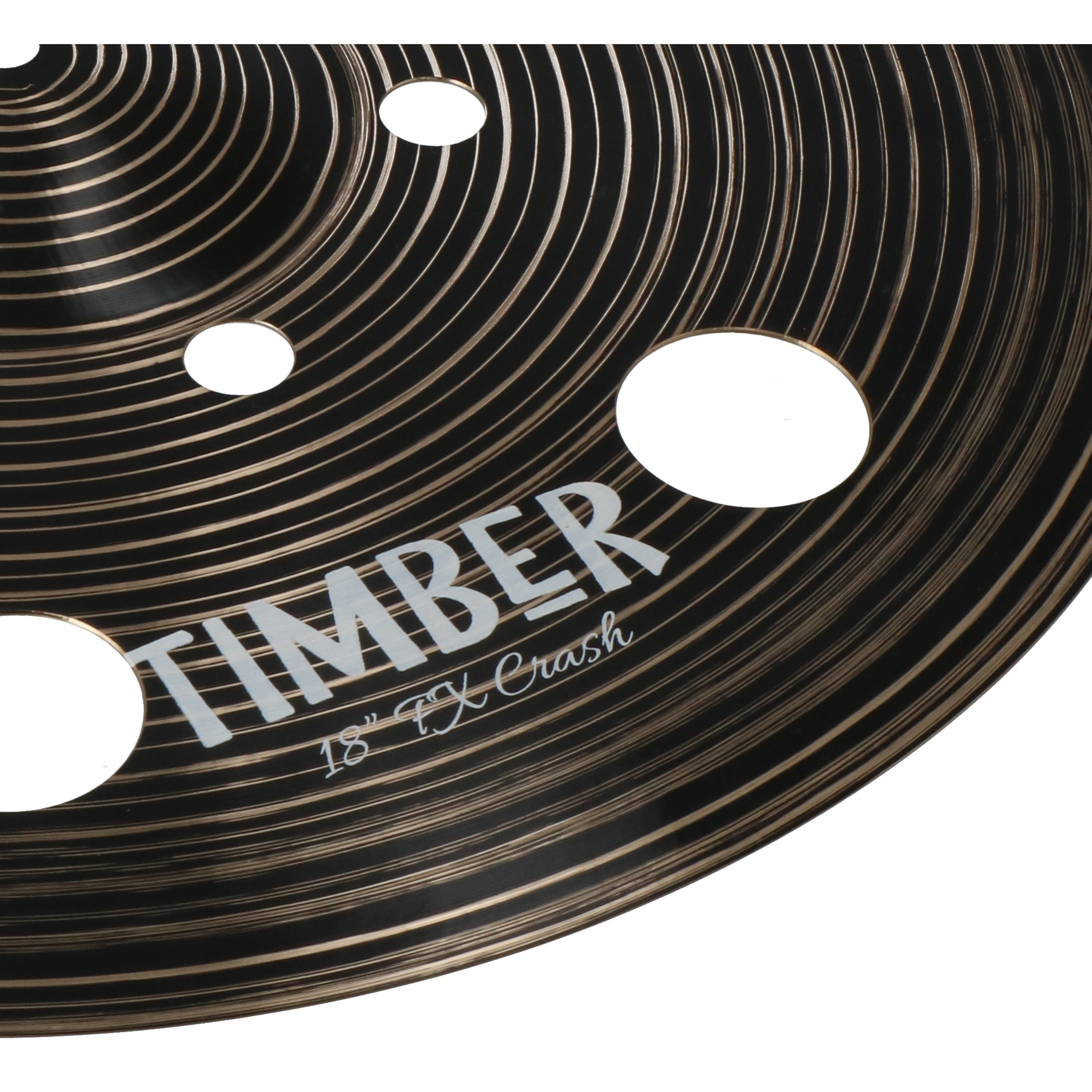 Dark cymbal with concentric grooves and holes. Text: TIMBER 18" FX Crash.