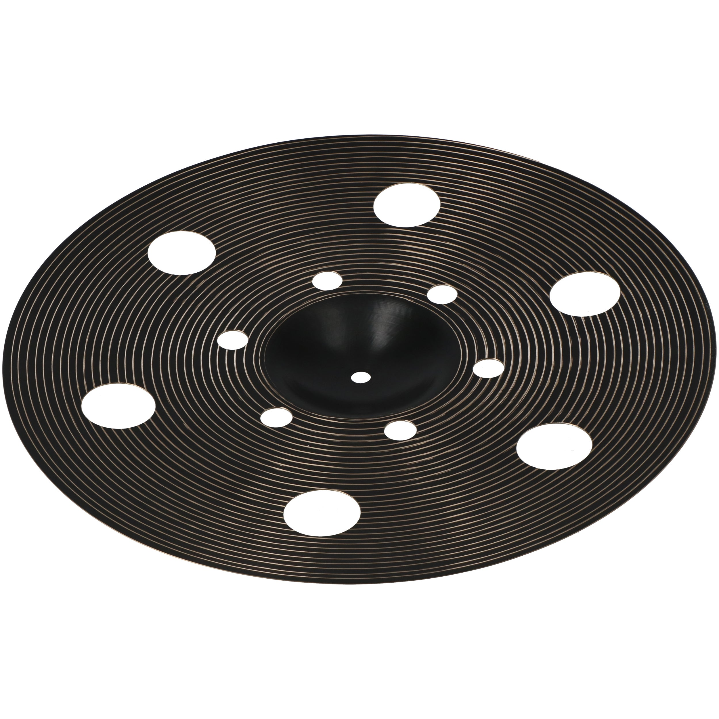 Dark cymbal with concentric grooves and circular holes.