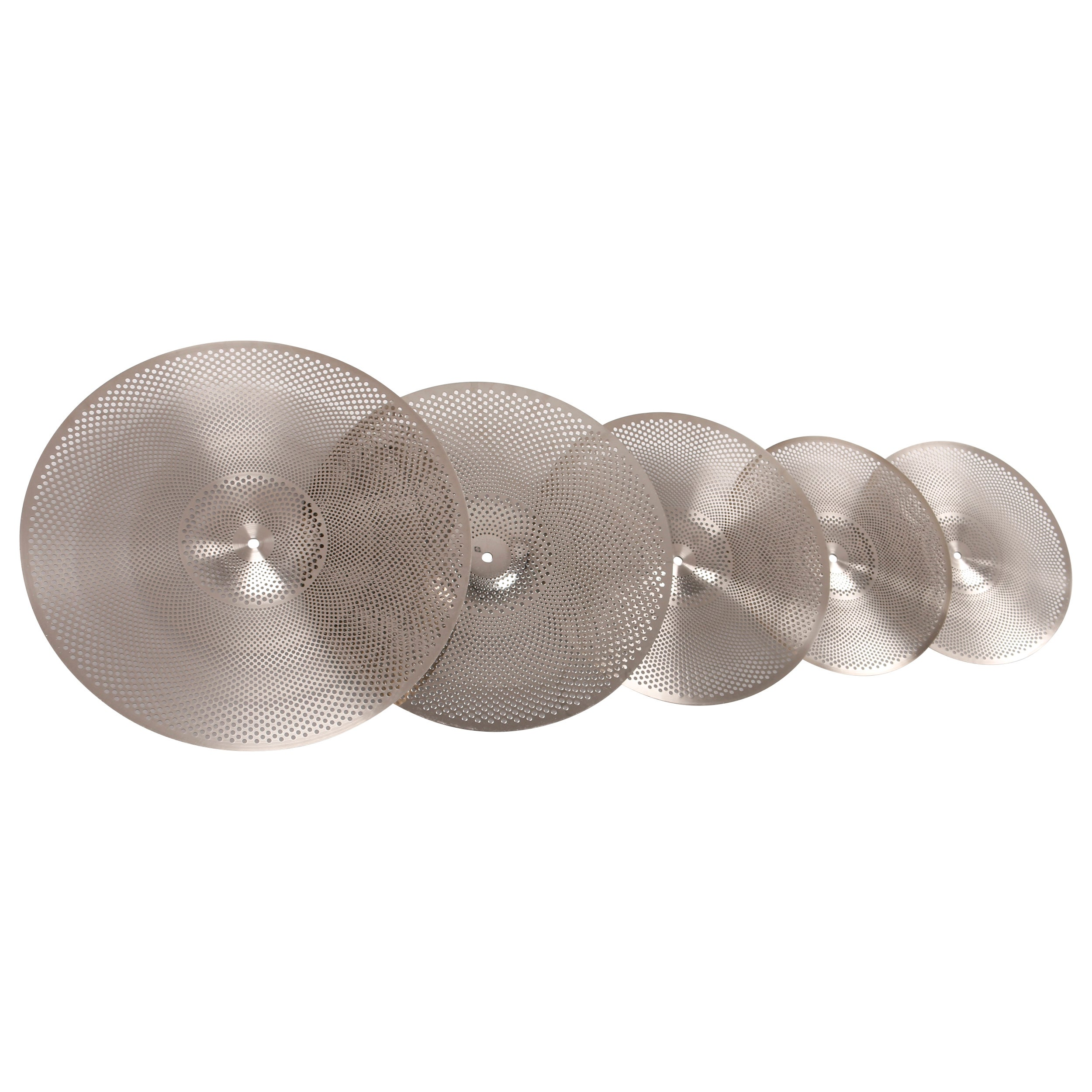 Five perforated cymbals are arranged from largest to smallest.