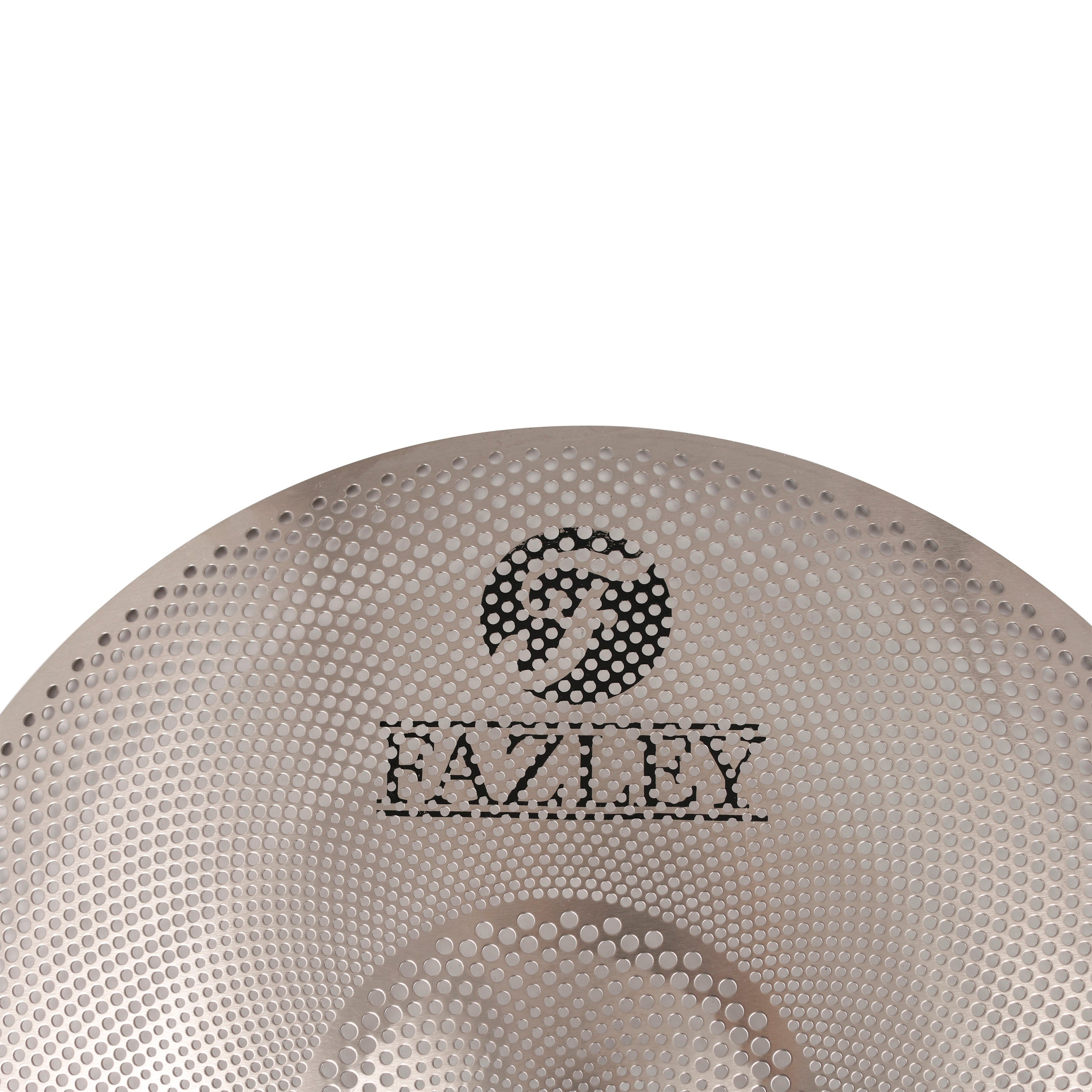 Close-up of a silver cymbal with circular holes and the FAZLEY logo.