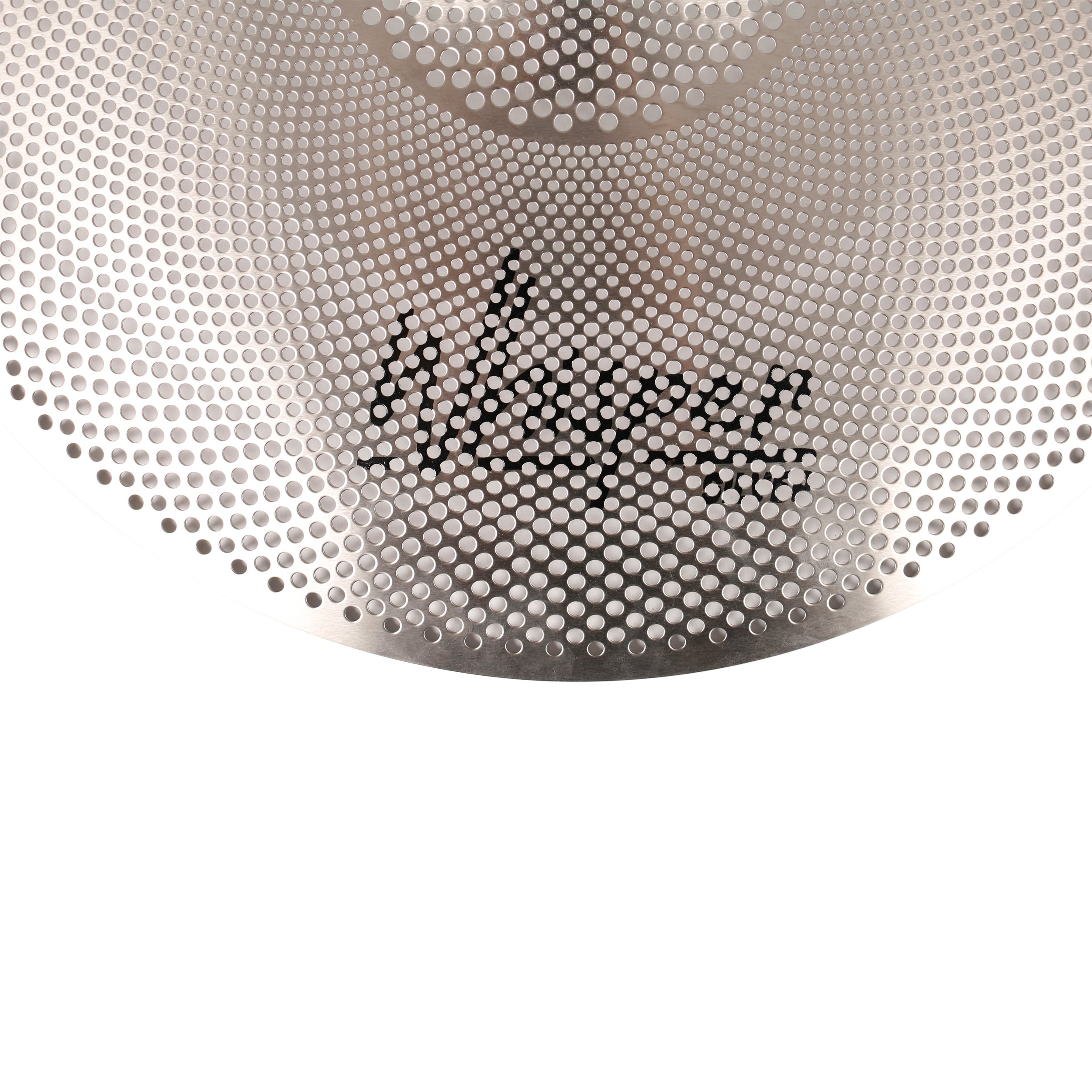 Close-up of a silver cymbal with many small holes and a logo.