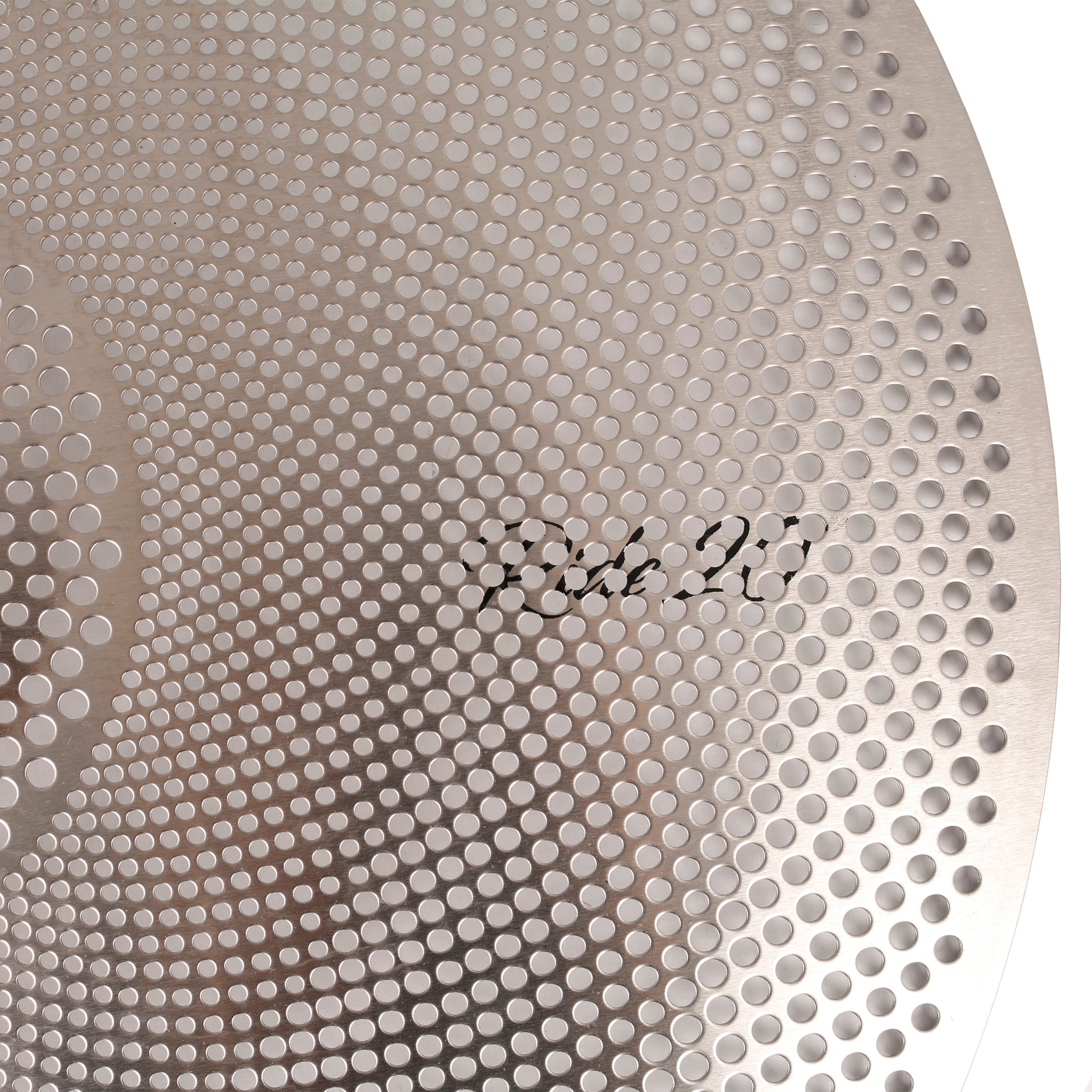 Close-up of silver material with many circular holes and the text "Polo 26".