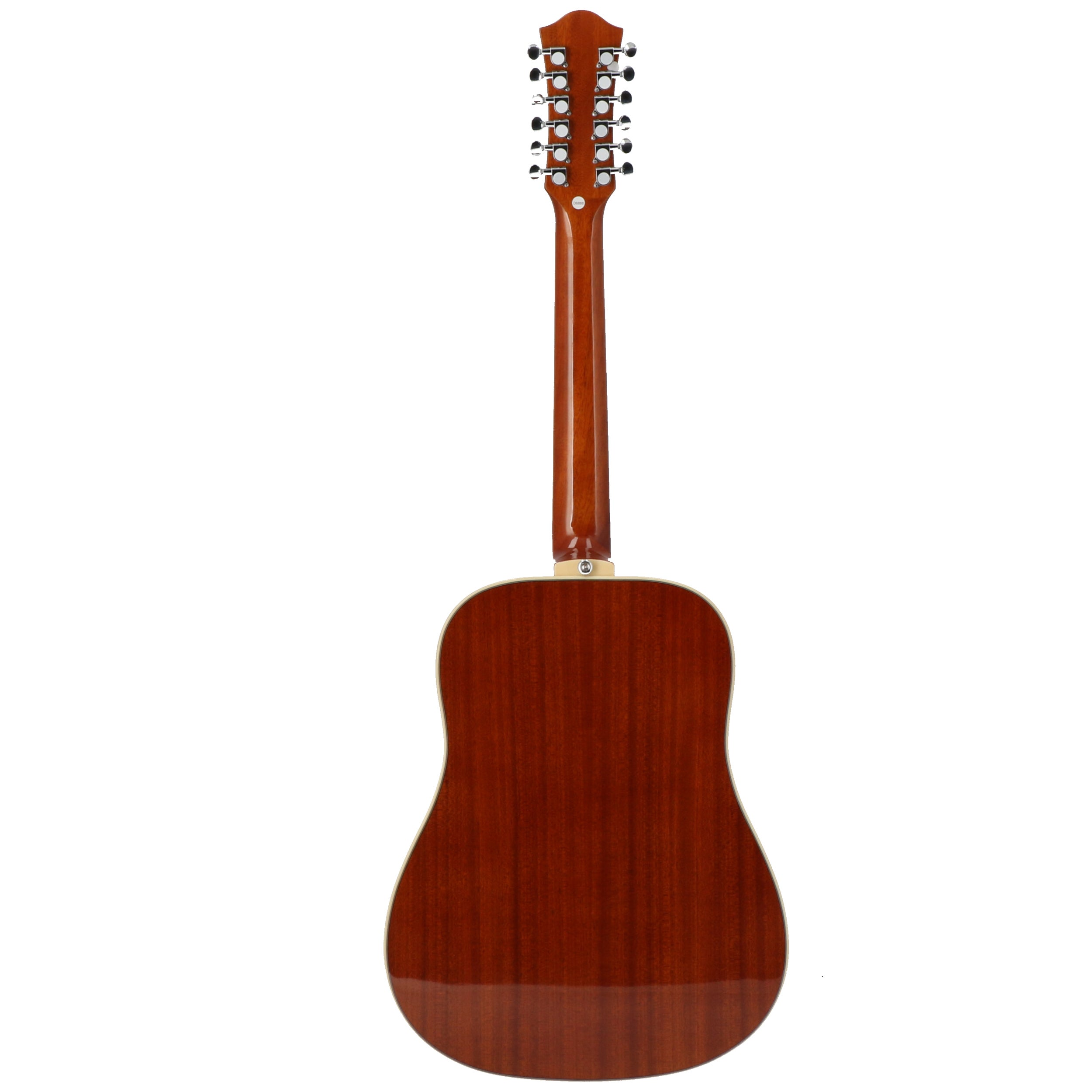 Achterkant van een bruine 12-snarige akoestische gitaar met witte binding.