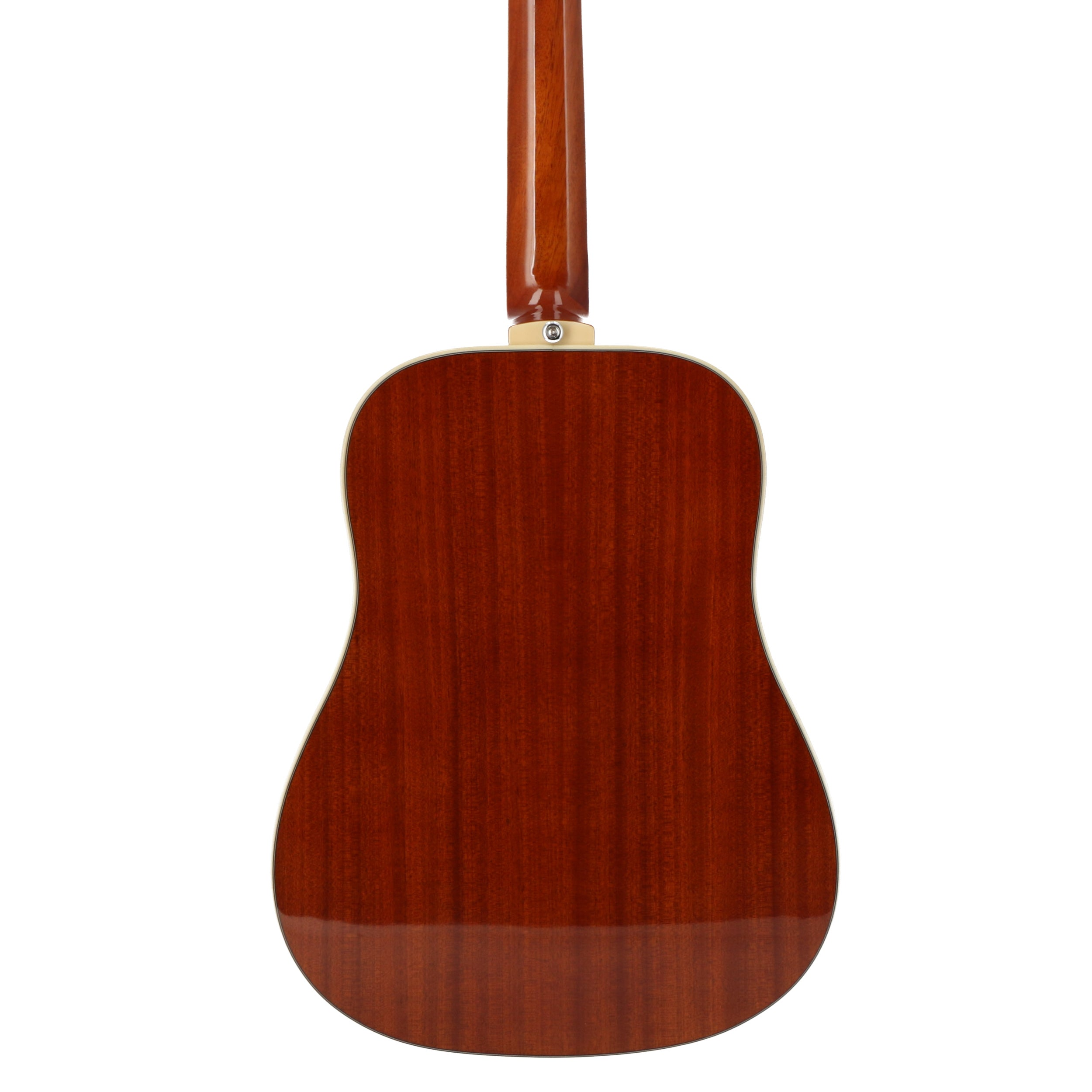 Achterkant van een mahoniehouten akoestische gitaar met hals op witte achtergrond.