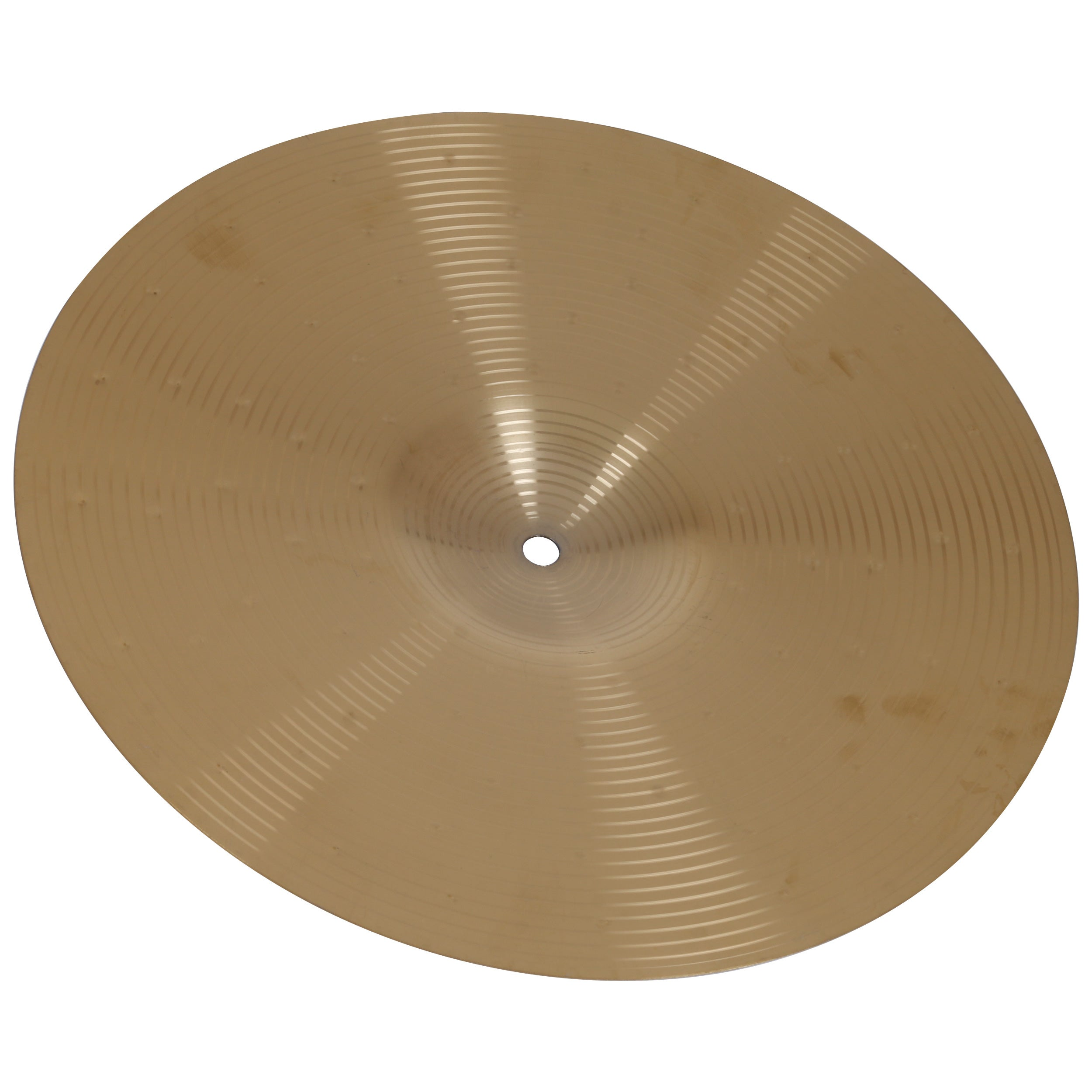 A single, shiny brass cymbal with concentric grooves and a hole in the center.