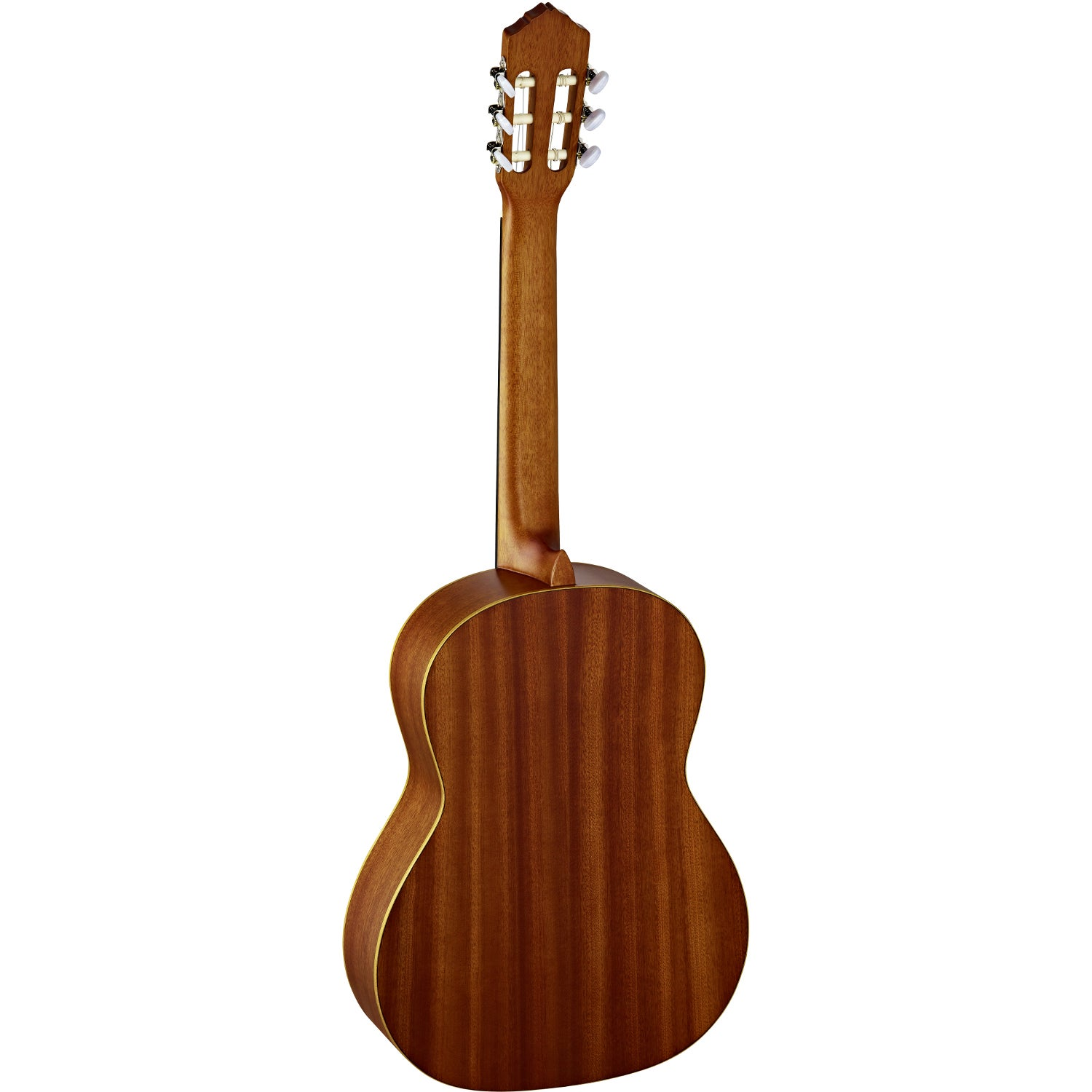 Achterkant van een bruine akoestische gitaar met houtnerf en stemmechanieken.