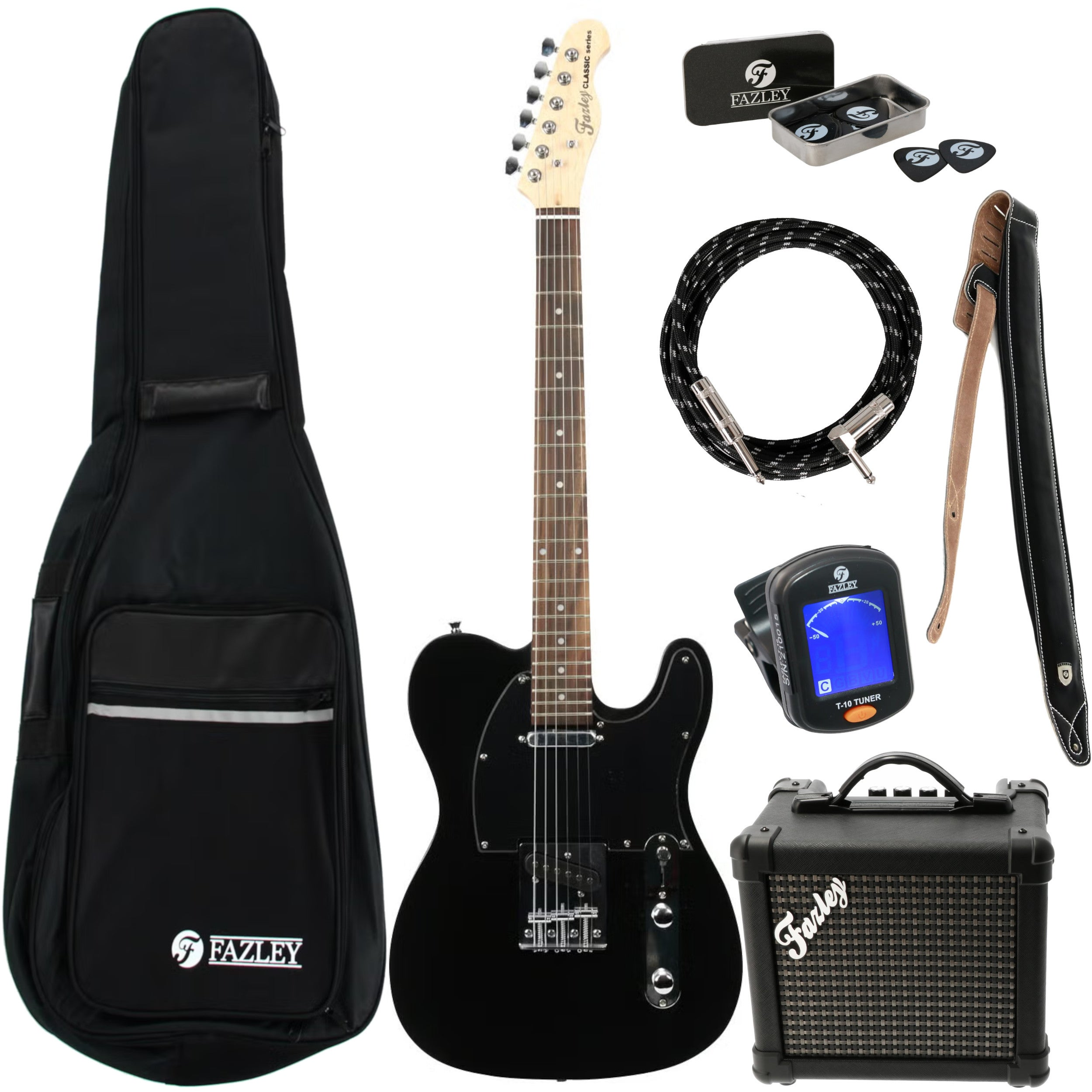 Zwarte elektrische gitaar met accessoires: tas, versterker, kabel, riem, tuner, plectrums.