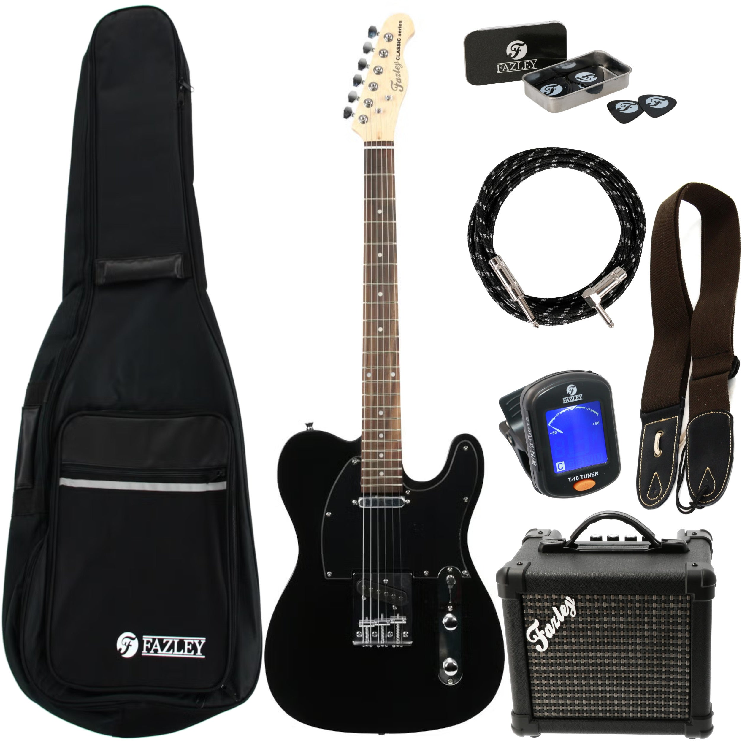 Een zwarte elektrische gitaarset met gitaartas, gitaar, kabel, riem, tuner en versterker.