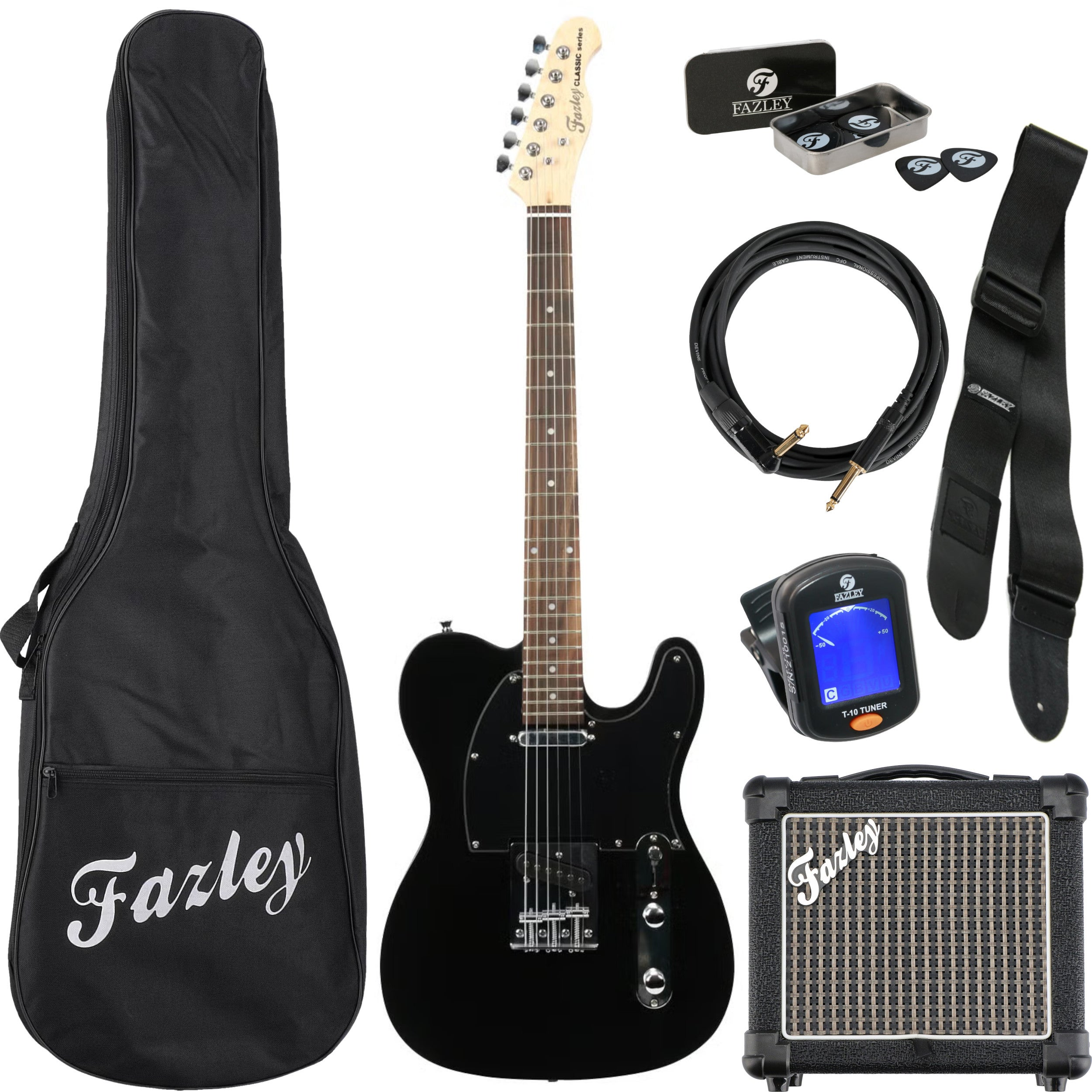Een zwarte elektrische gitaar set met gitaar, versterker, tas, riem, kabel, plectrums en tuner.