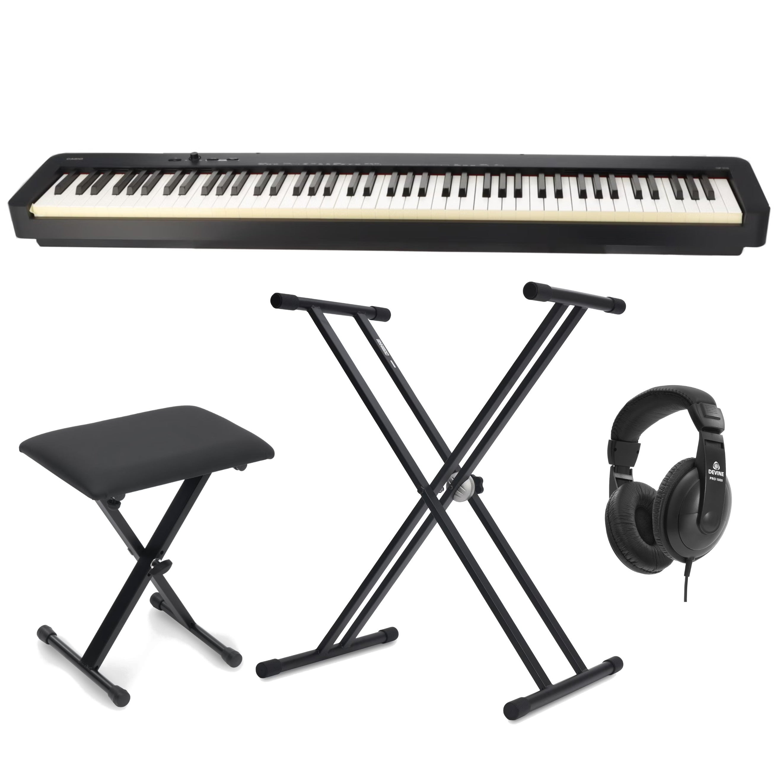 Een zwart keyboard, een bankje, twee standaards en een koptelefoon op wit.
