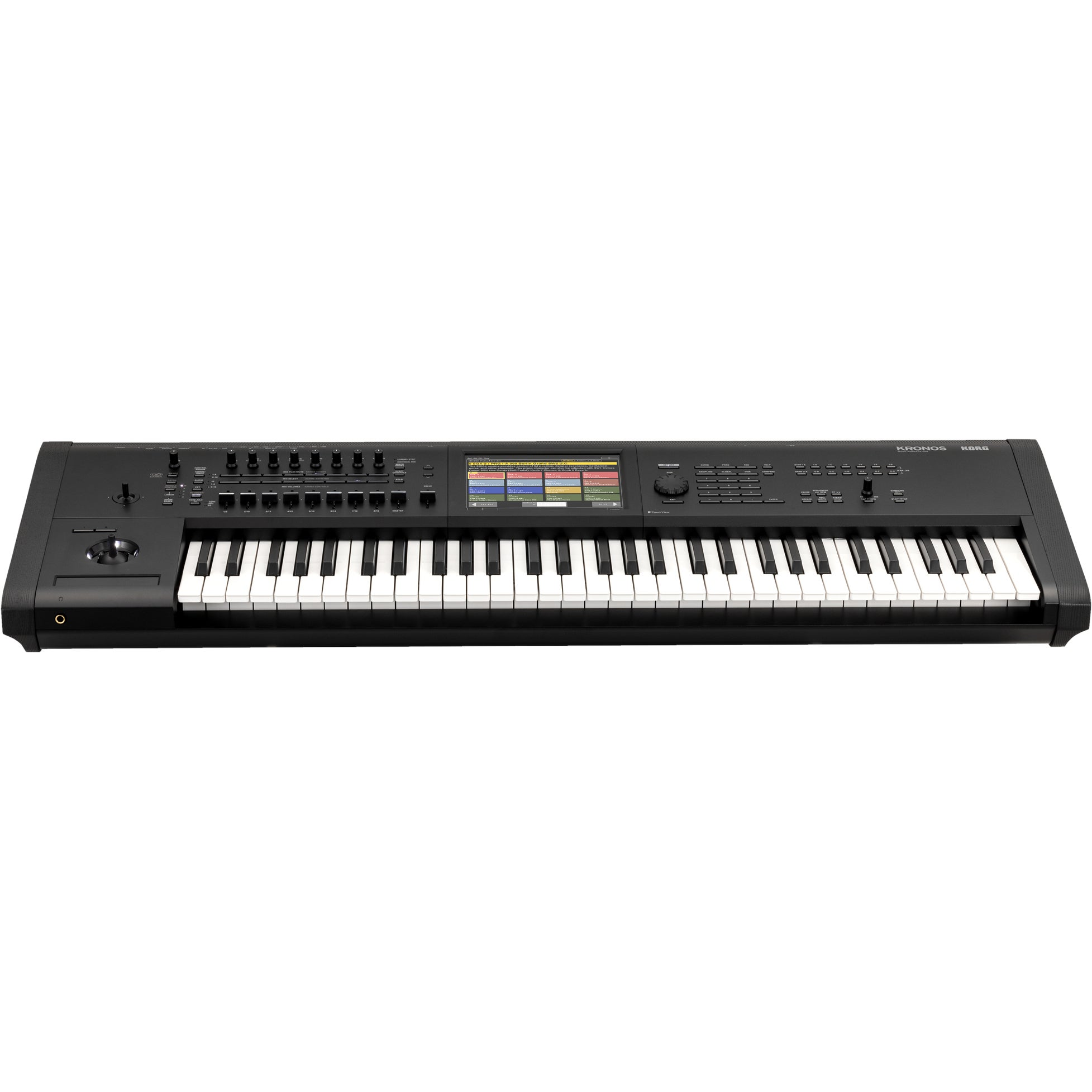 Zwarte Korg Kronos digitale piano met toetsen, scherm en regelknoppen.