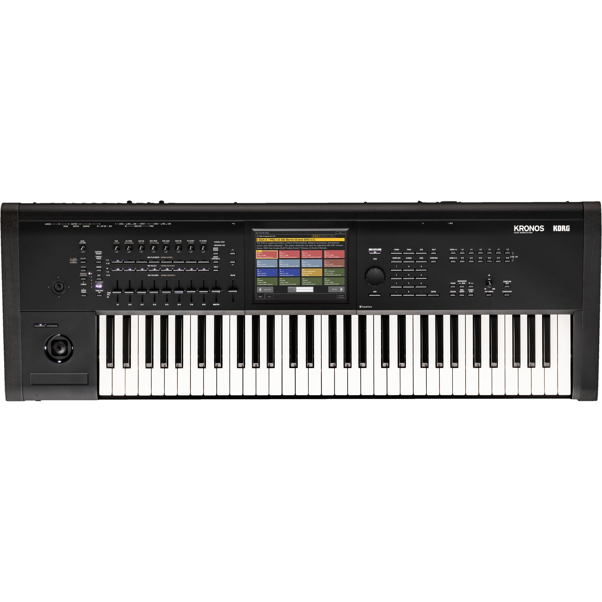Een zwarte Korg Kronos digitale piano met witte en zwarte toetsen.