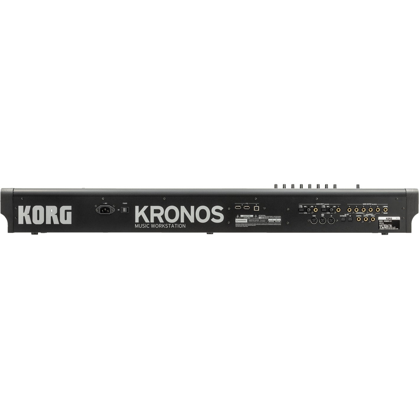 Achterkant van een zwarte KORG KRONOS muziek workstation met poorten.